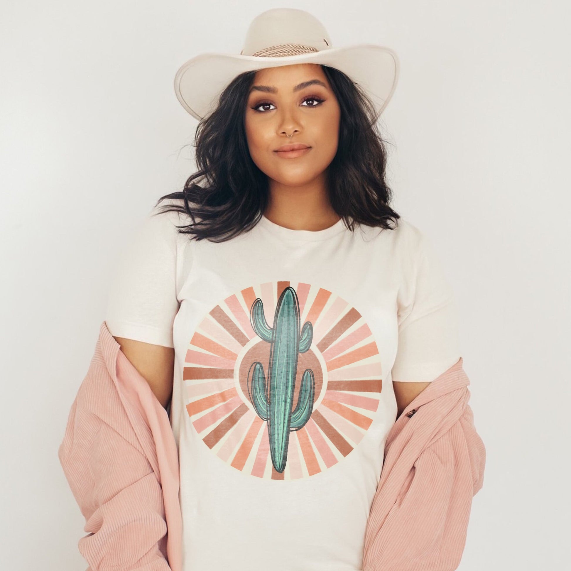 Hand Drawn Cactus Sublimation Design PNG Digital Download Printable Sun Sunburst 70s Western Punchy Retro Cowboy Cowgirl Bull Desert Rodeo