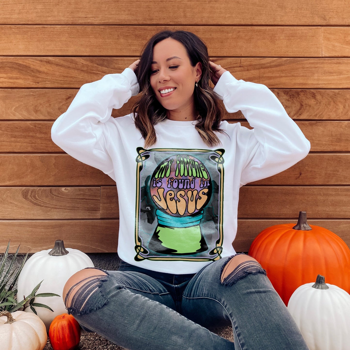 My Fortune is Found in Jesus Sublimation Design PNG Digital Download Printable Christian Halloween Spooky Mama Retro Groovy Crystal Ball