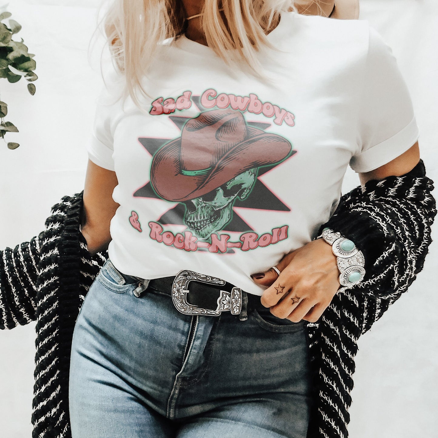 Sad Cowboy & Rock-N-Roll Sublimation Design PNG Digital Download Printable Rock and Roll Cowboy Hat Skeleton Skull Western Retro Groovy