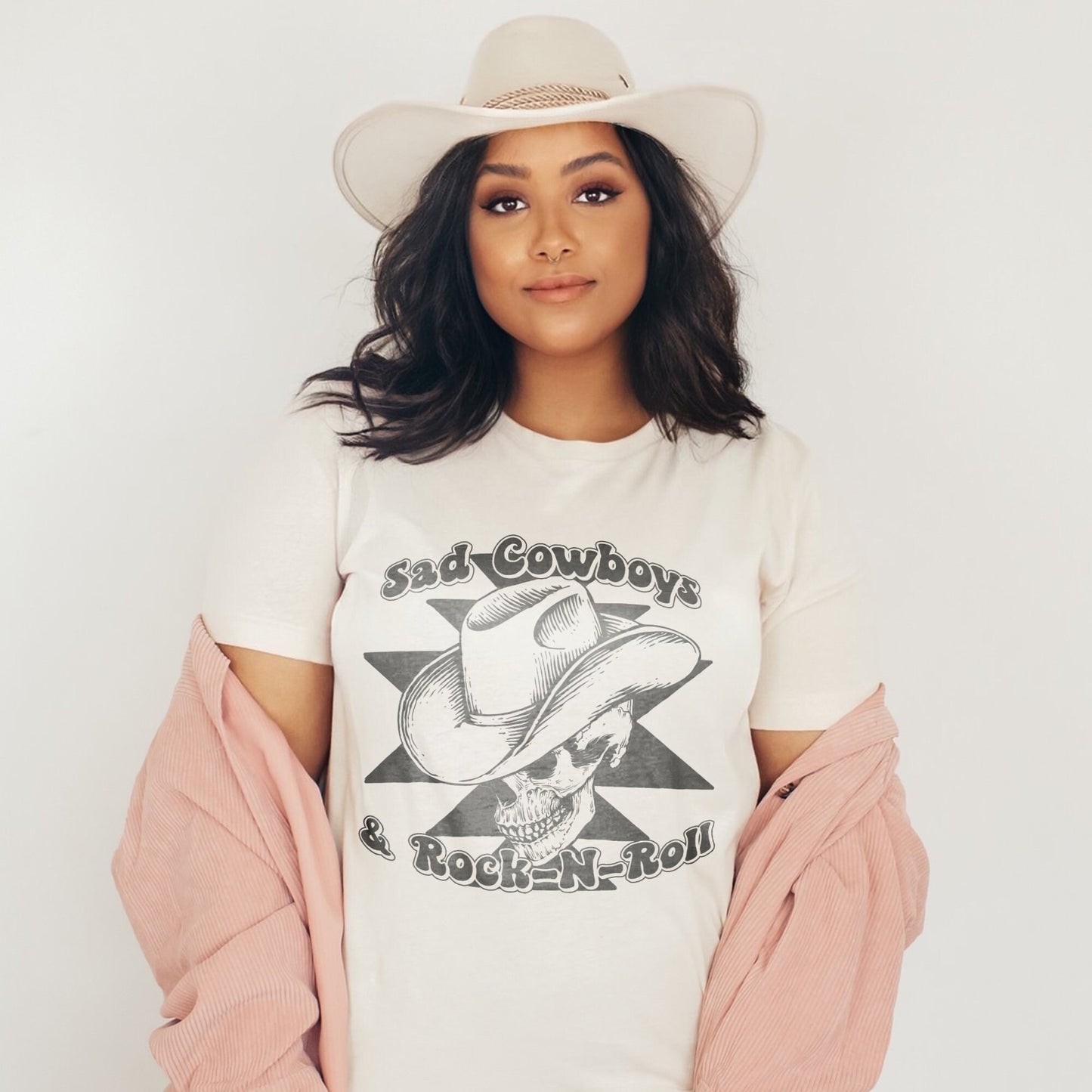 Sad Cowboy & Rock-N-Roll Sublimation Design PNG Digital Download Printable Single Color Cowboy Hat Skeleton Skull Western Retro Groovy