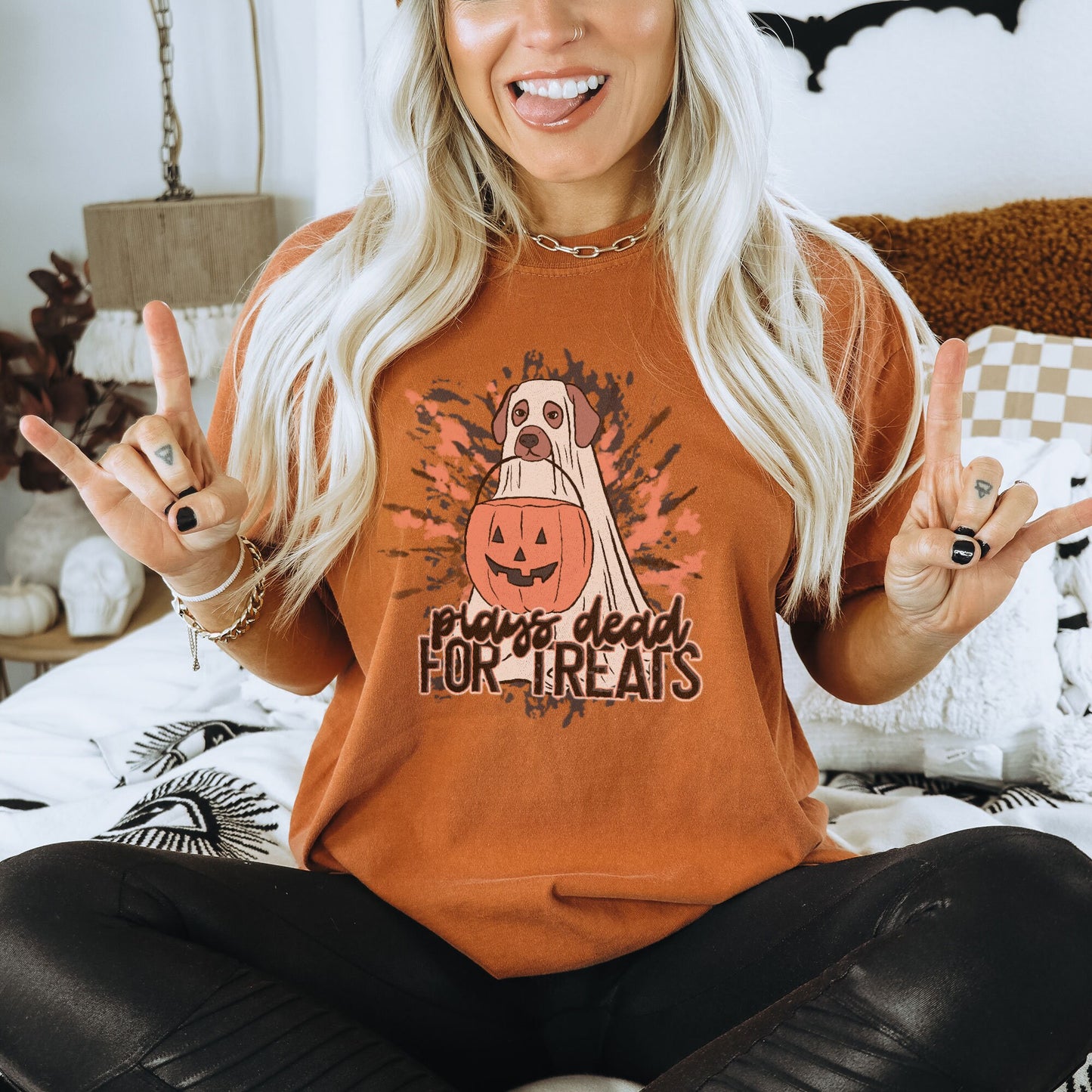 Plays Dead for Treats Sublimation Design PNG Digital Download Printable Halloween Ghost Puppy Dog Trick or Treat Bucket Tie Dye Fall Spooky