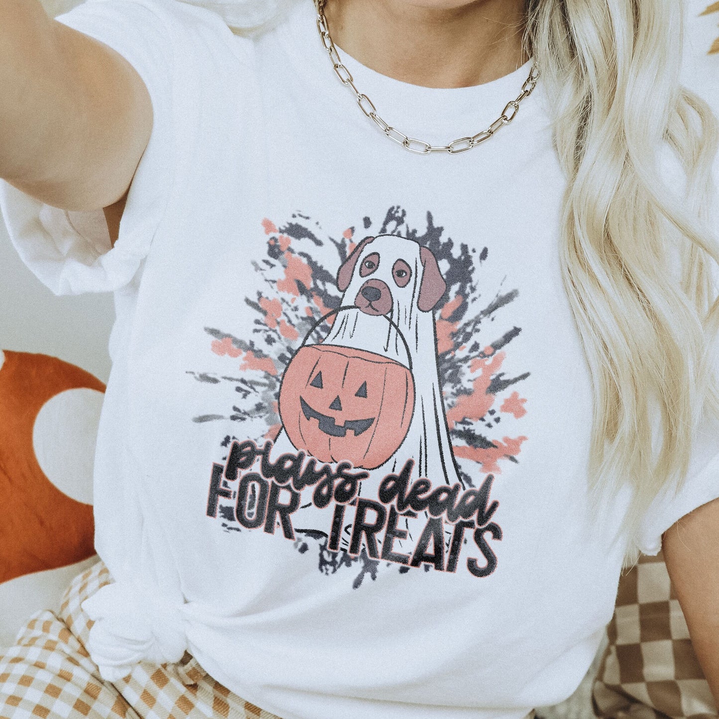 Plays Dead for Treats Sublimation Design PNG Digital Download Printable Halloween Ghost Puppy Dog Trick or Treat Bucket Tie Dye Fall Spooky