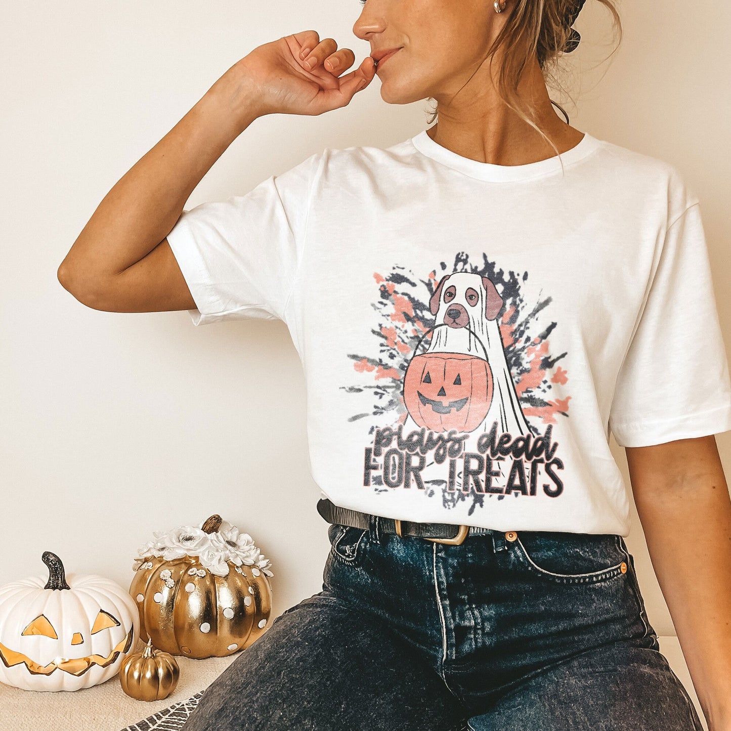 Plays Dead for Treats Sublimation Design PNG Digital Download Printable Halloween Ghost Puppy Dog Trick or Treat Bucket Tie Dye Fall Spooky