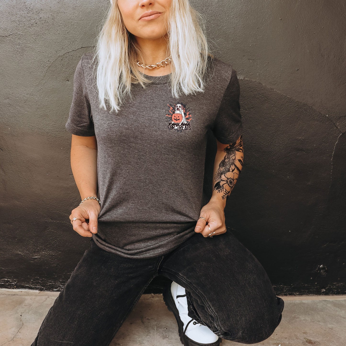 Plays Dead for Treats Sublimation Design PNG Digital Download Printable Halloween Ghost Puppy Dog Trick or Treat Bucket Tie Dye Fall Spooky