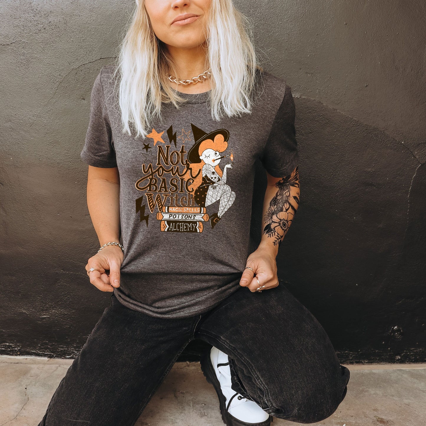 Not Your Basic Witch Sublimation Design PNG Digital Download Printable Halloween Mom Potion Spell Book Retro Pinup Lightning Bolt Spooky