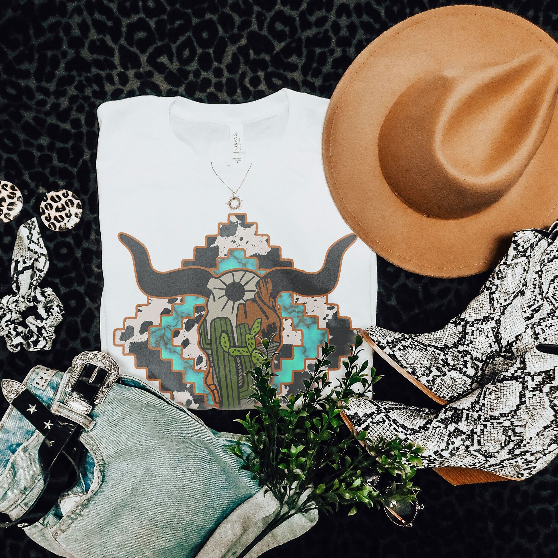 Aztec Steer Skull Sublimation Design PNG Digital Download Printable Desert Cactus Turquoise Cow Print Bull Head Tribal Western Southern