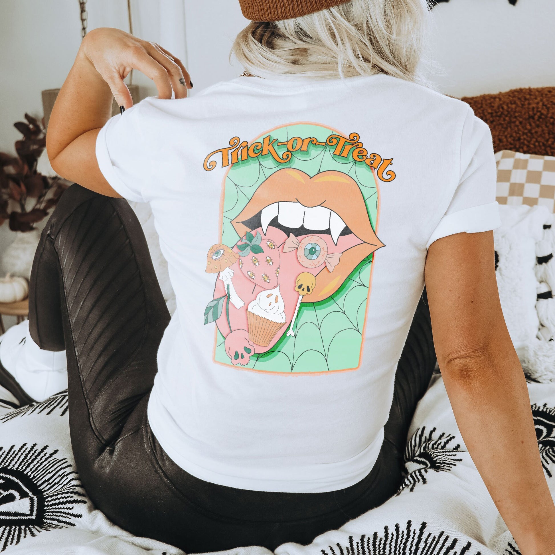 Trick or Treat Sublimation Design PNG Digital Download Printable Vampire Mouth Lips Tongue Fangs Groovy Retro Spooky Vibes Halloween 90s 80s