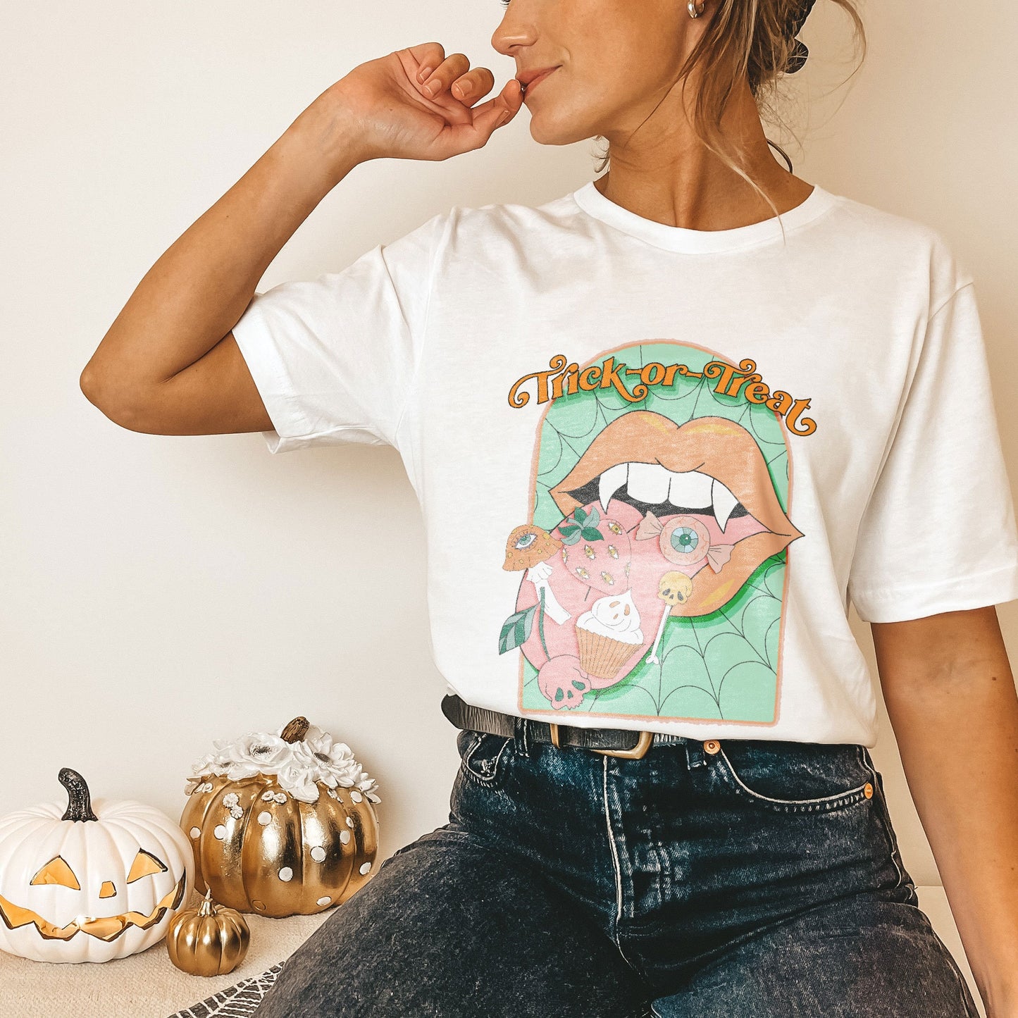 Trick or Treat Sublimation Design PNG Digital Download Printable Vampire Mouth Lips Tongue Fangs Groovy Retro Spooky Vibes Halloween 90s 80s