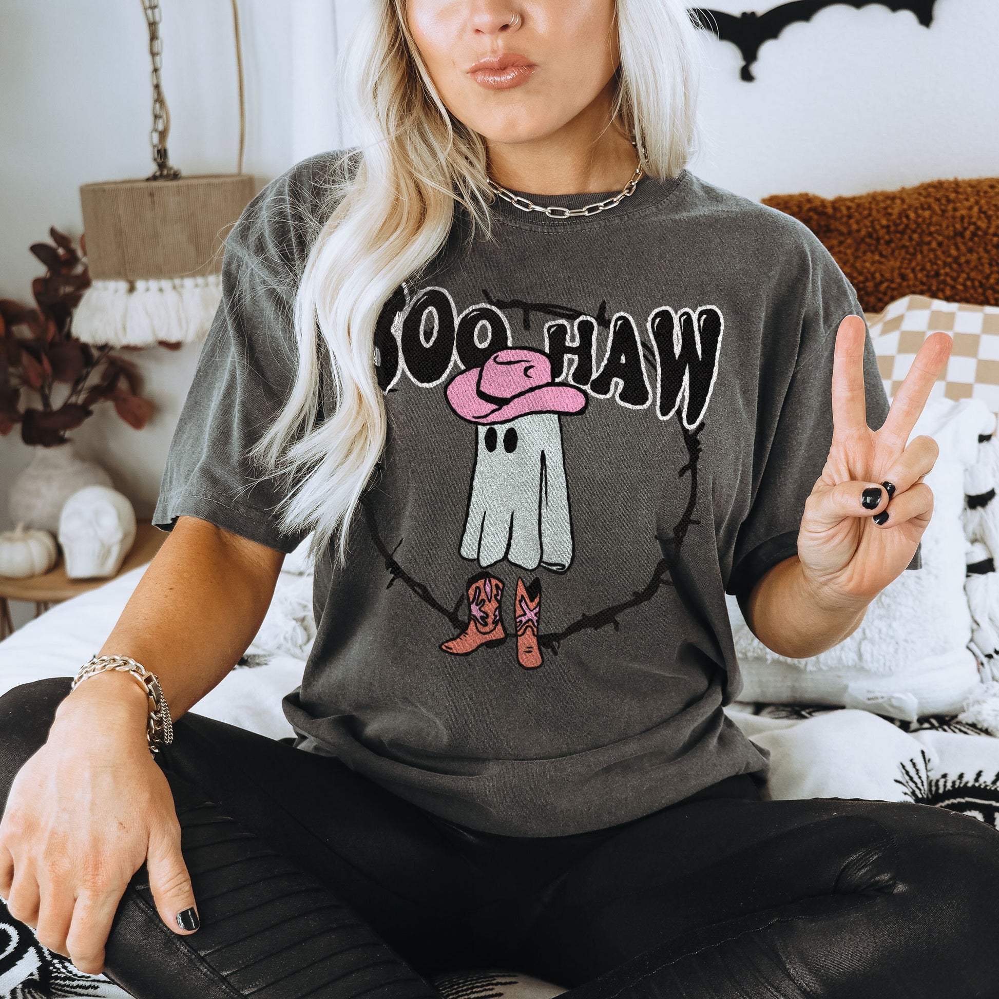 Boo Haw Halloween Ghost Boots Sublimation Design PNG Digital Download Printable Feet Western Country Cowgirl Fall Barb Wire Cowboy Hat