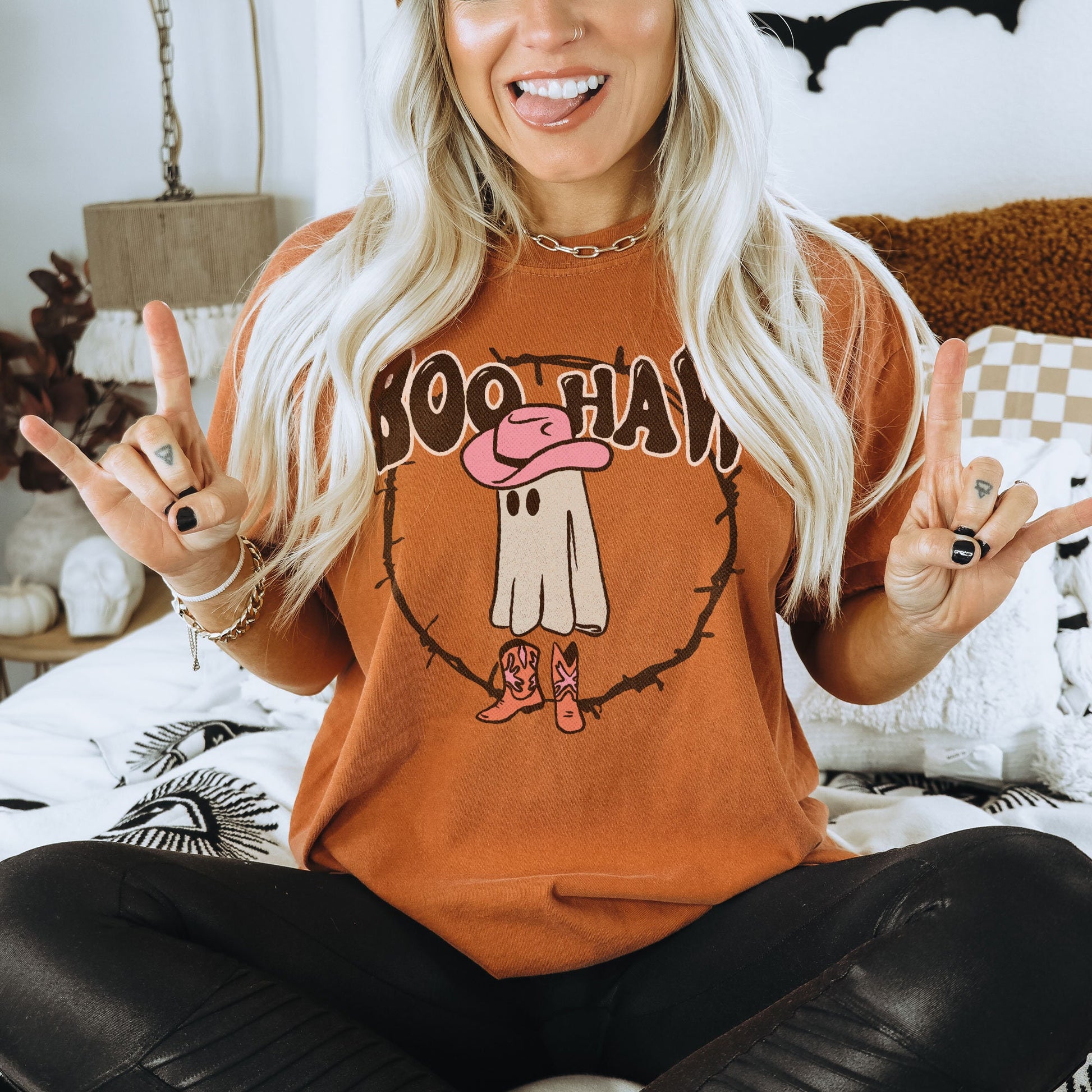 Boo Haw Halloween Ghost Boots Sublimation Design PNG Digital Download Printable Feet Western Country Cowgirl Fall Barb Wire Cowboy Hat