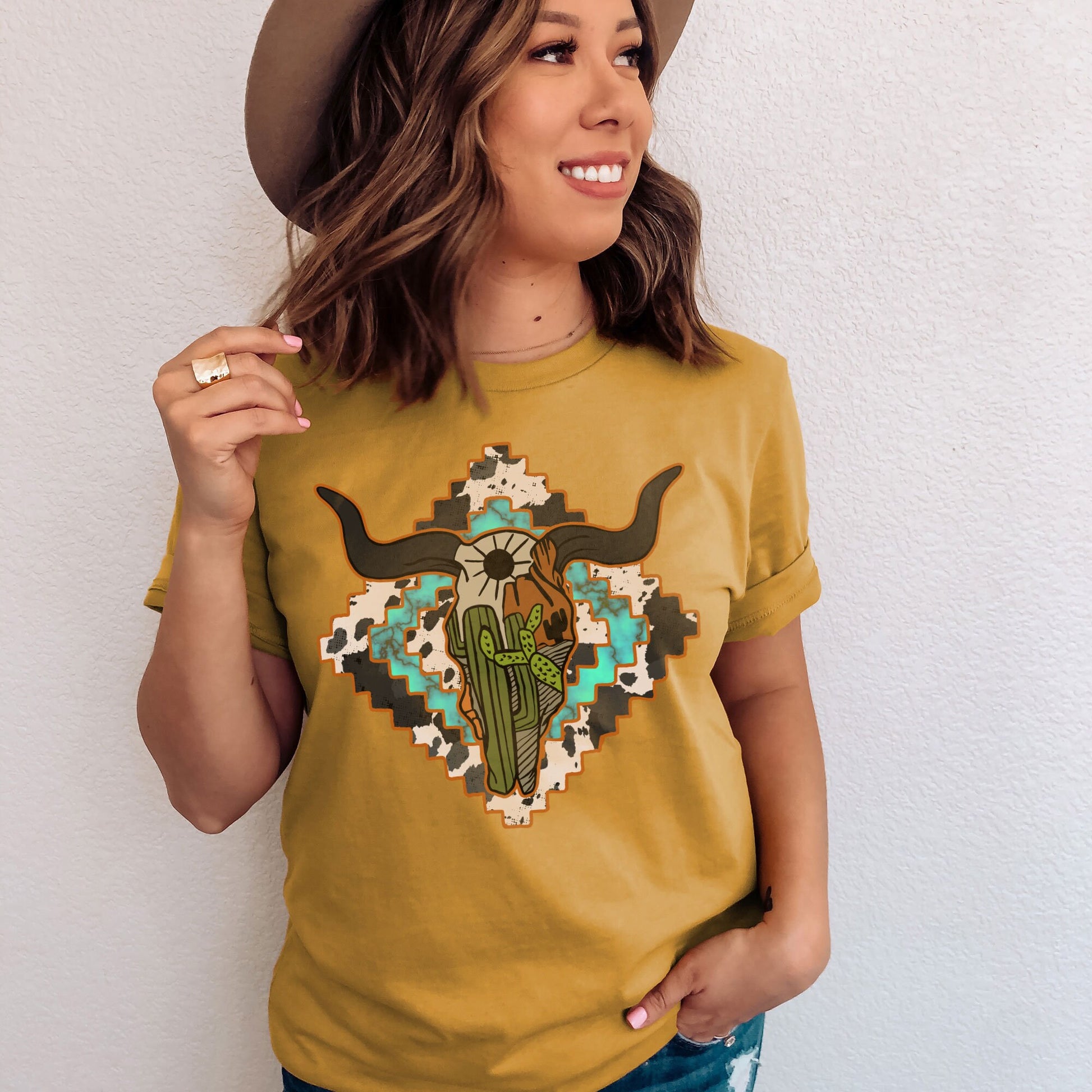 Aztec Steer Skull Sublimation Design PNG Digital Download Printable Desert Cactus Turquoise Cow Print Bull Head Tribal Western Southern