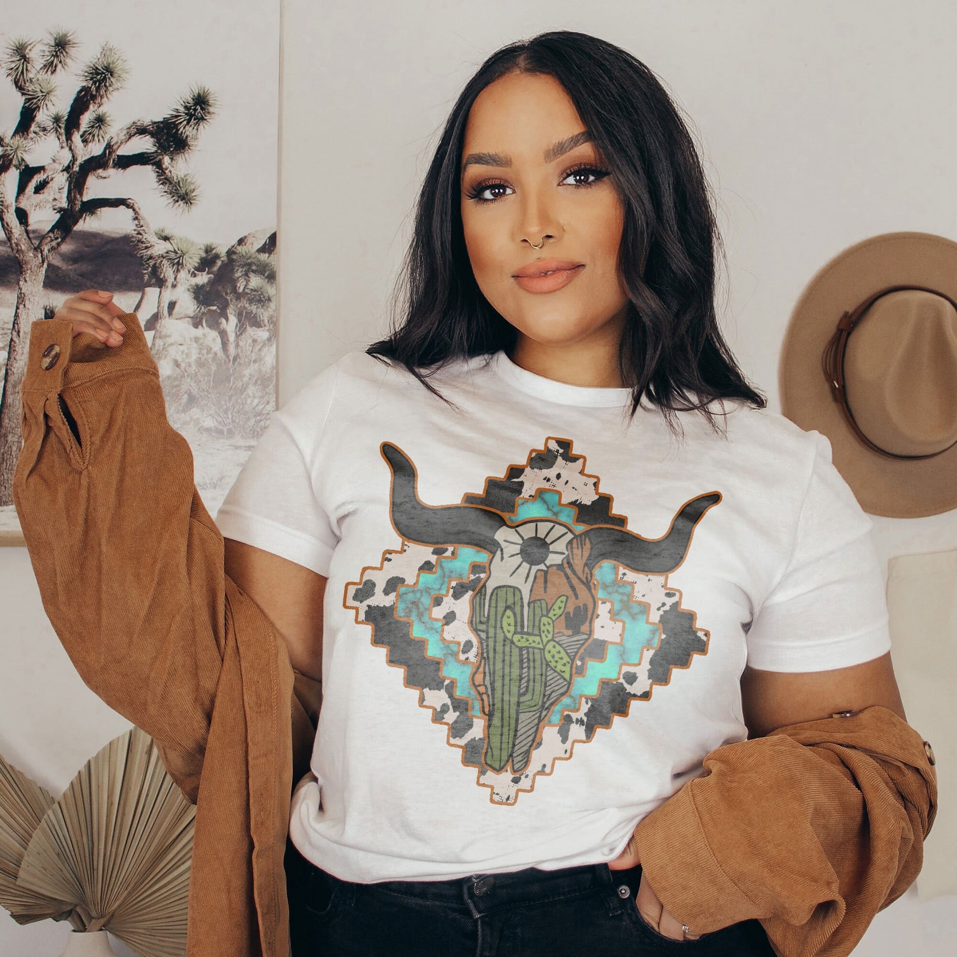 Aztec Steer Skull Sublimation Design PNG Digital Download Printable Desert Cactus Turquoise Cow Print Bull Head Tribal Western Southern