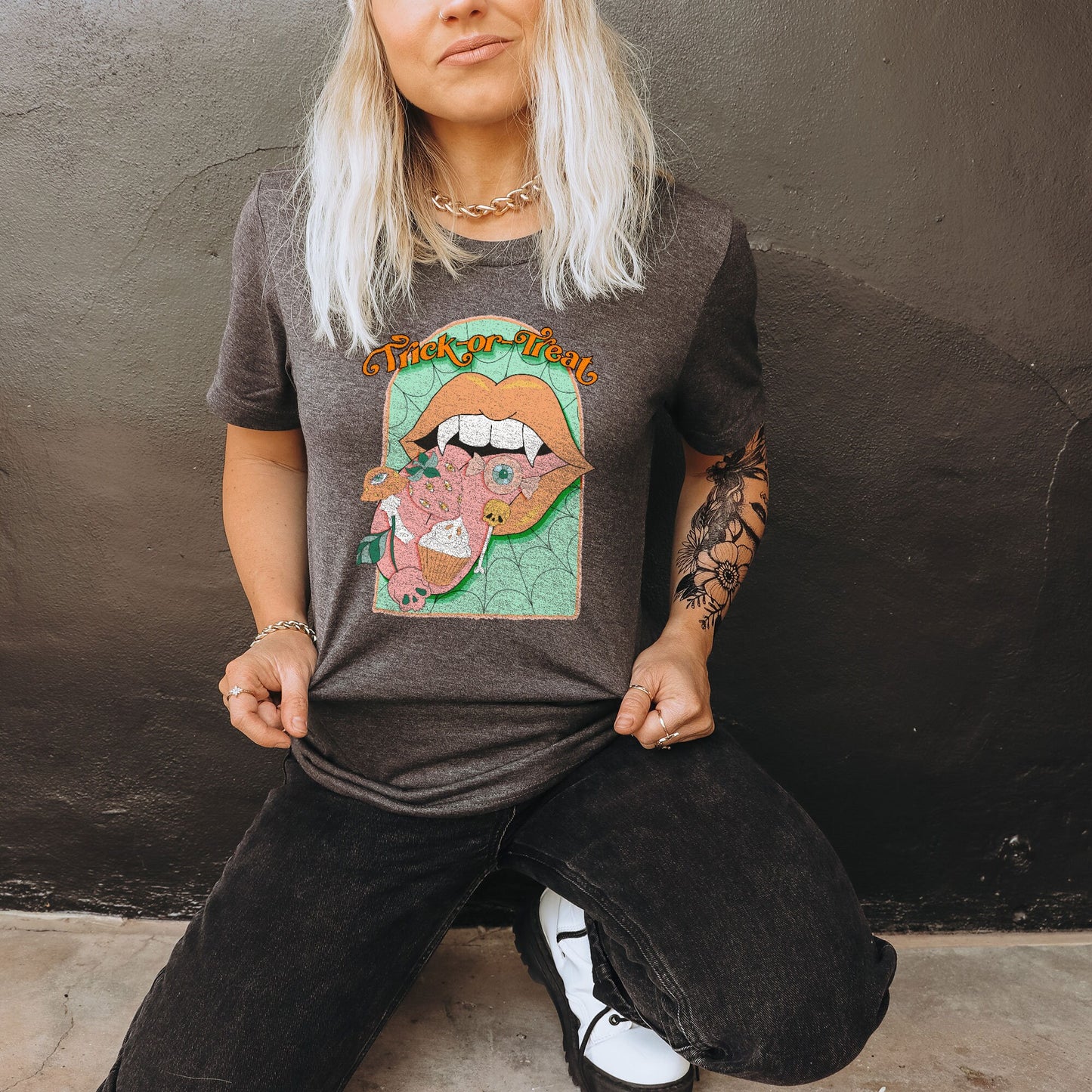 Trick or Treat Sublimation Design PNG Digital Download Printable Vampire Mouth Lips Tongue Fangs Groovy Retro Spooky Vibes Halloween 90s 80s