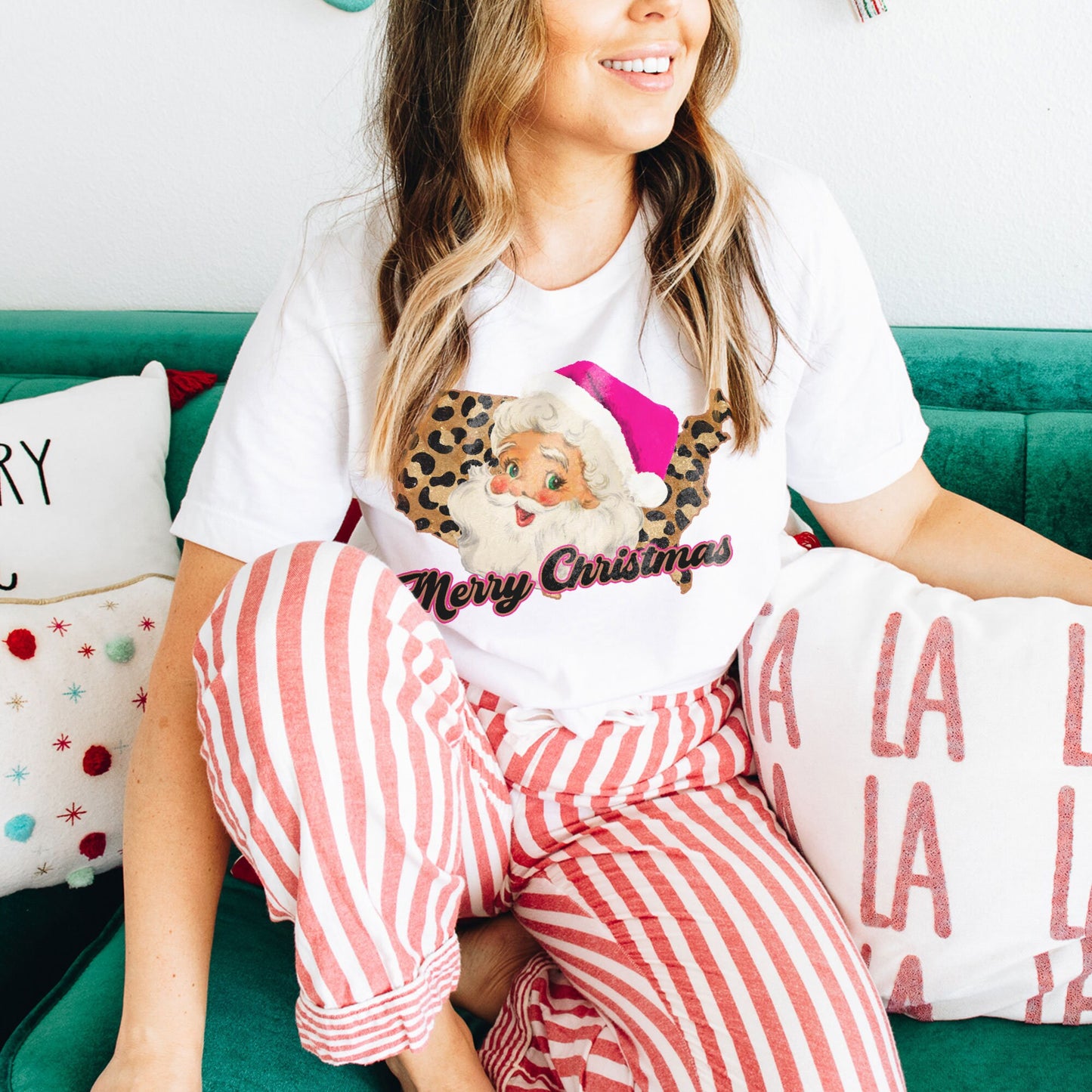 Merry Christmas USA America Retro Sant Sublimation Design PNG Digital Download Printable Pink Santa Claus Hat Leopard Cheetah Vintage Holly
