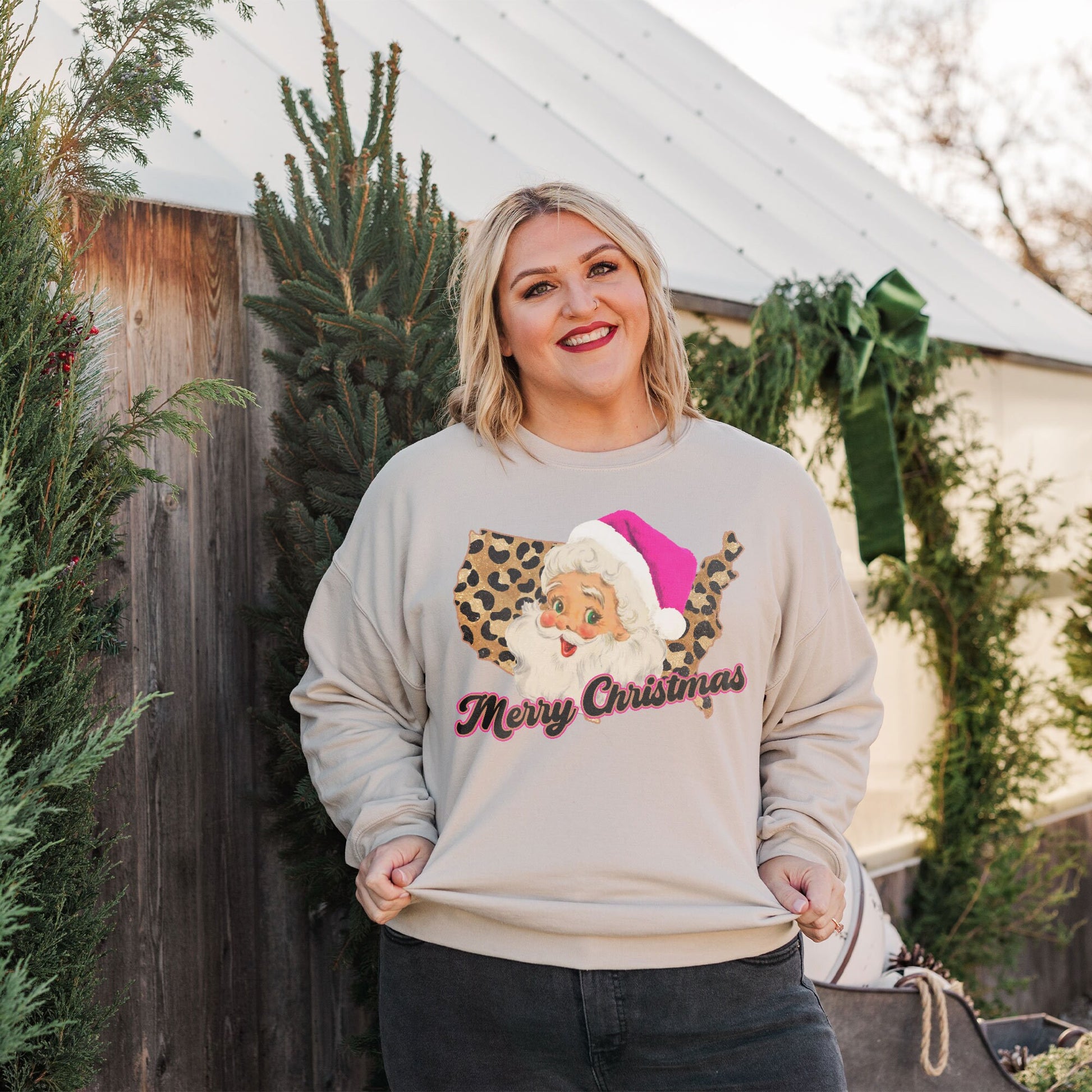 Merry Christmas USA America Retro Sant Sublimation Design PNG Digital Download Printable Pink Santa Claus Hat Leopard Cheetah Vintage Holly