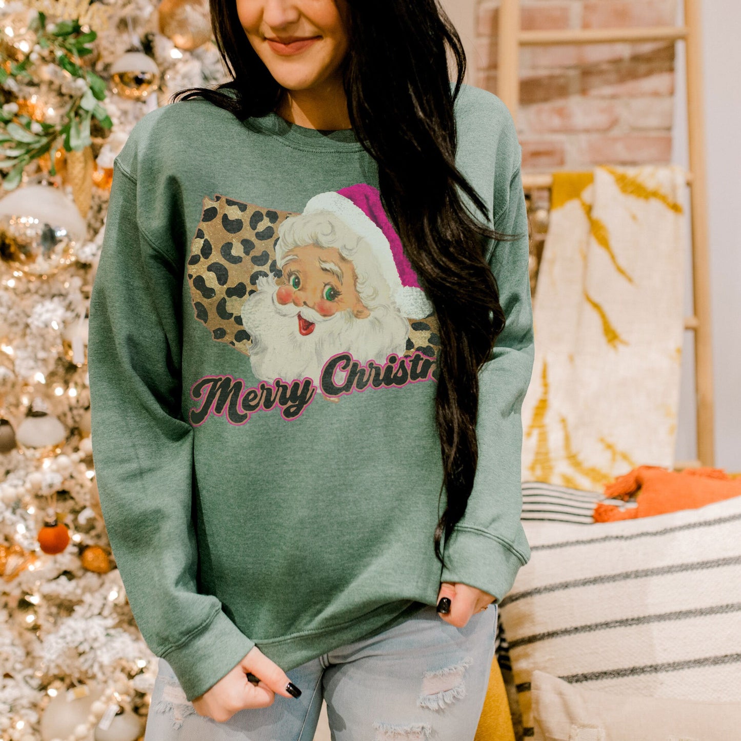 Merry Christmas USA America Retro Sant Sublimation Design PNG Digital Download Printable Pink Santa Claus Hat Leopard Cheetah Vintage Holly