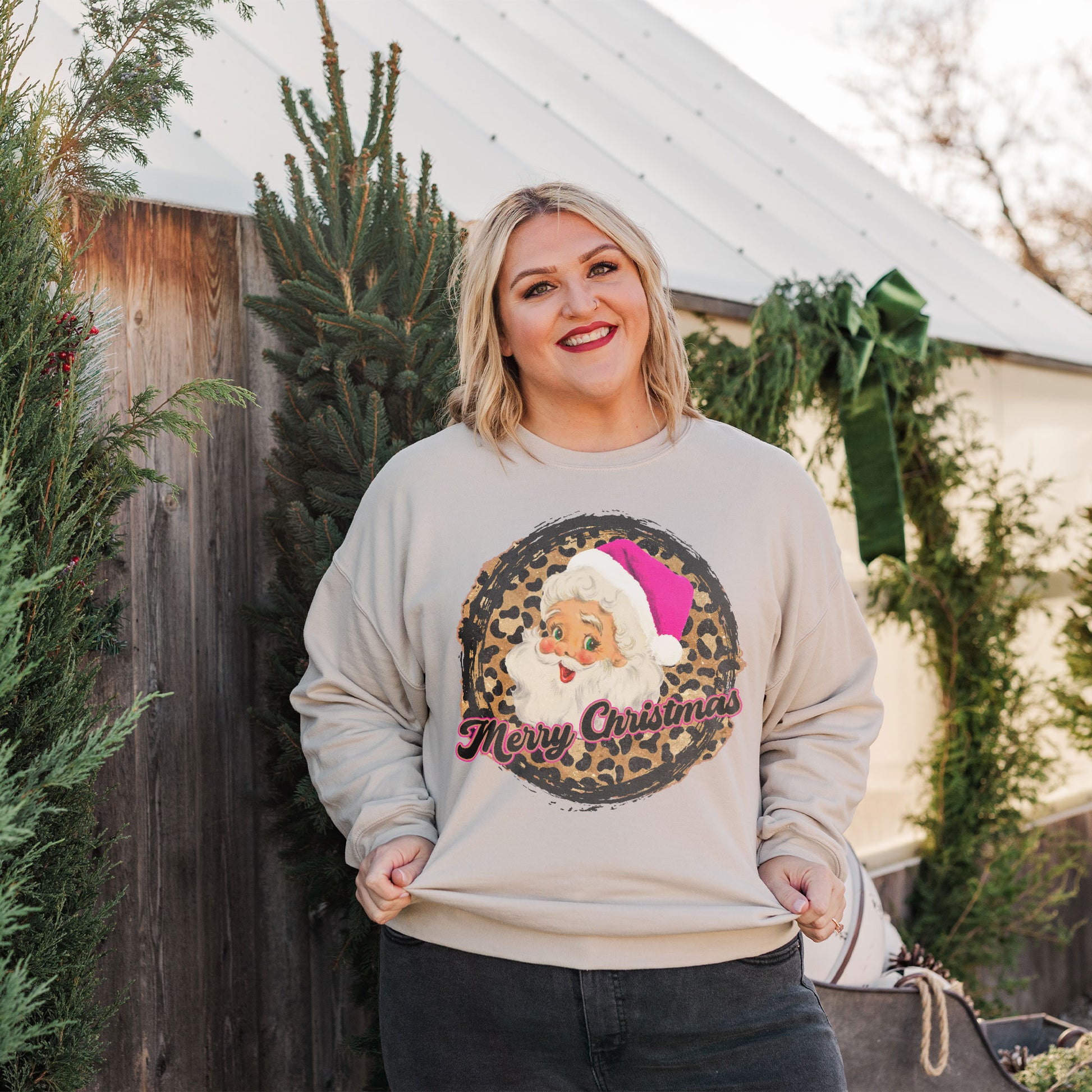 Merry Christmas Retro Sant Sublimation Design PNG Digital Download Printable Pink Santa Claus Hat Leopard Cheetah Vintage Holly Jolly Girly