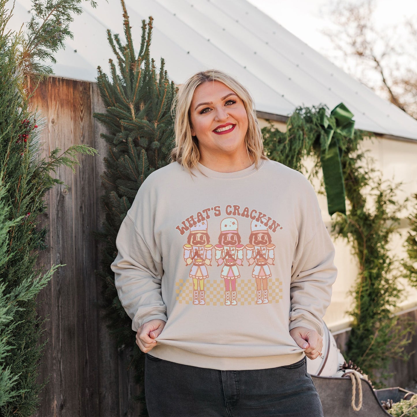 What's Cracking Nutcrackers Sublimation Design PNG Digital Download Printable Checker 90s Retro Groovy Christmas Pastel Pink Winter Xmas