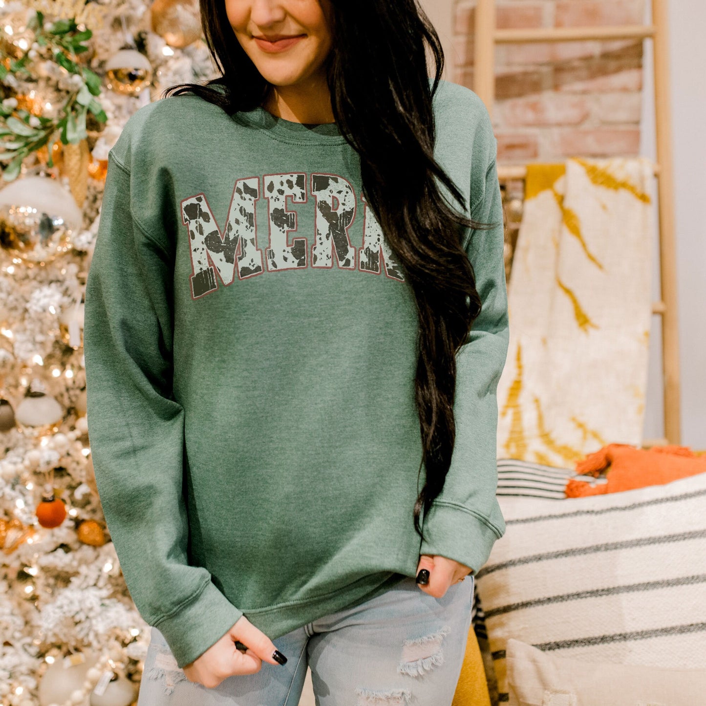 Merry Sublimation Design PNG Digital Download Printable Christmas Cowhide Cow Print Country Merry Christmas Winter Mama Holly Jolly Retro