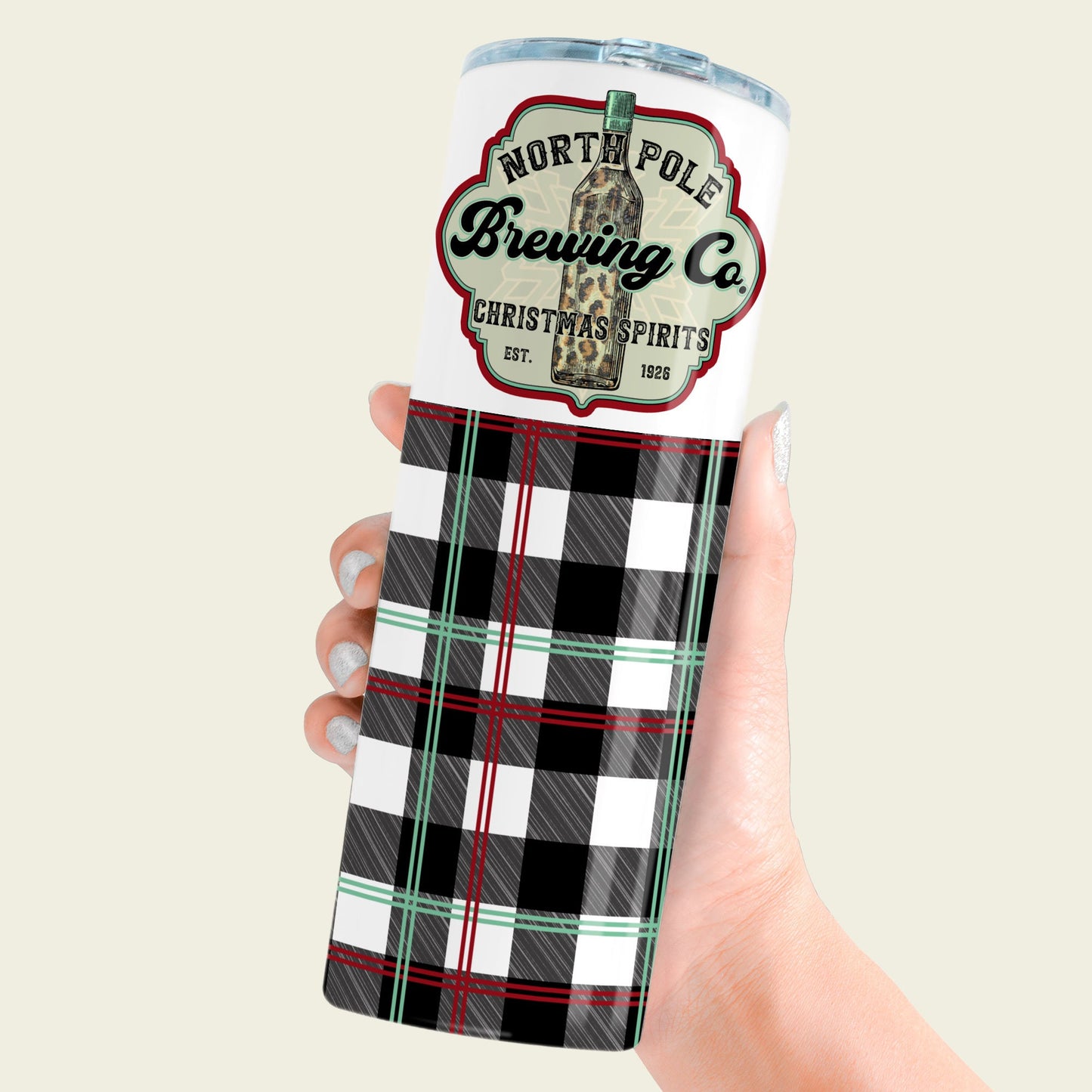 North Pole Brewing Company Seamless Tumbler Sublimation Design PNG Digital Download Printable Christmas Spirits Wine Beer Bootle Leopard