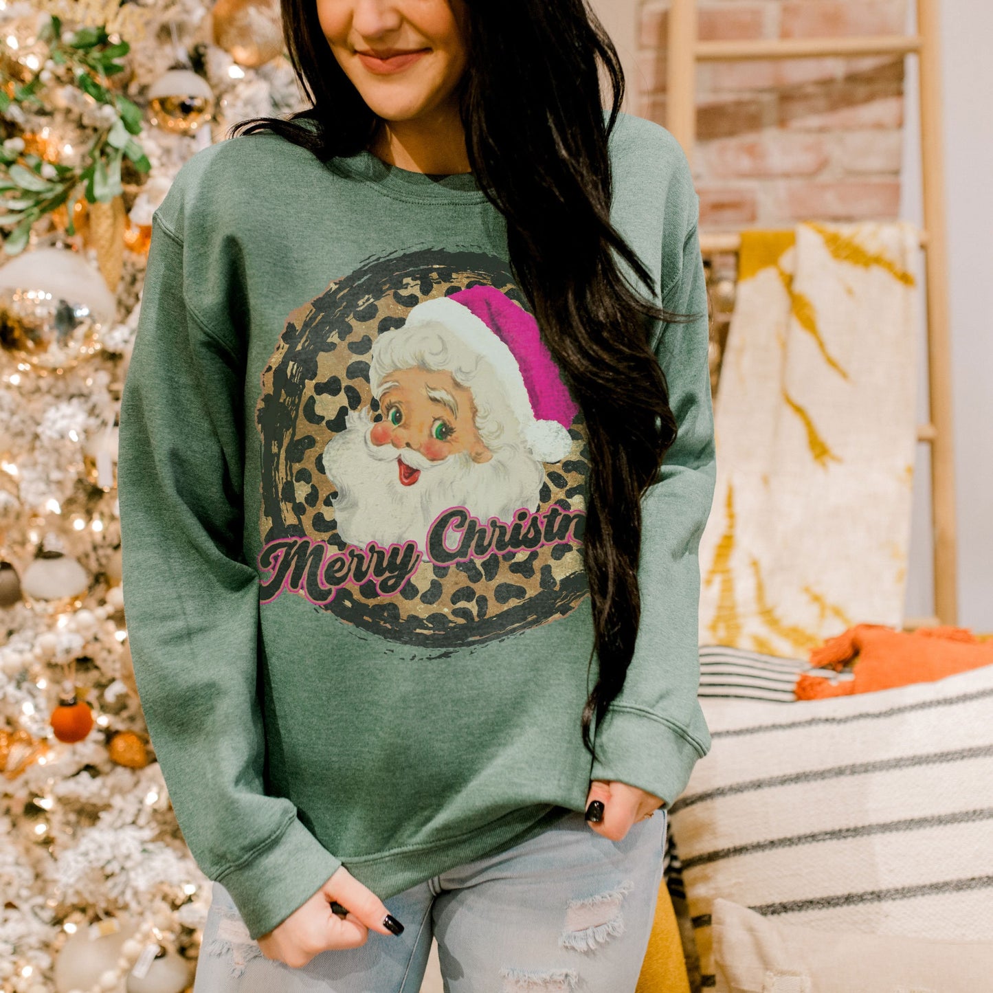 Merry Christmas Retro Sant Sublimation Design PNG Digital Download Printable Pink Santa Claus Hat Leopard Cheetah Vintage Holly Jolly Girly