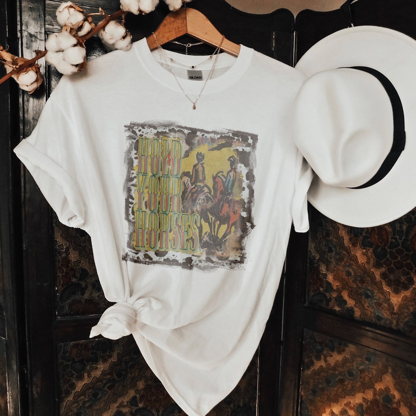 Hold Your Horses Sublimation Design PNG Digital Download Printable Cowboy Western Country Southern Cow Print Cowhide Vintage Retro Rodeo