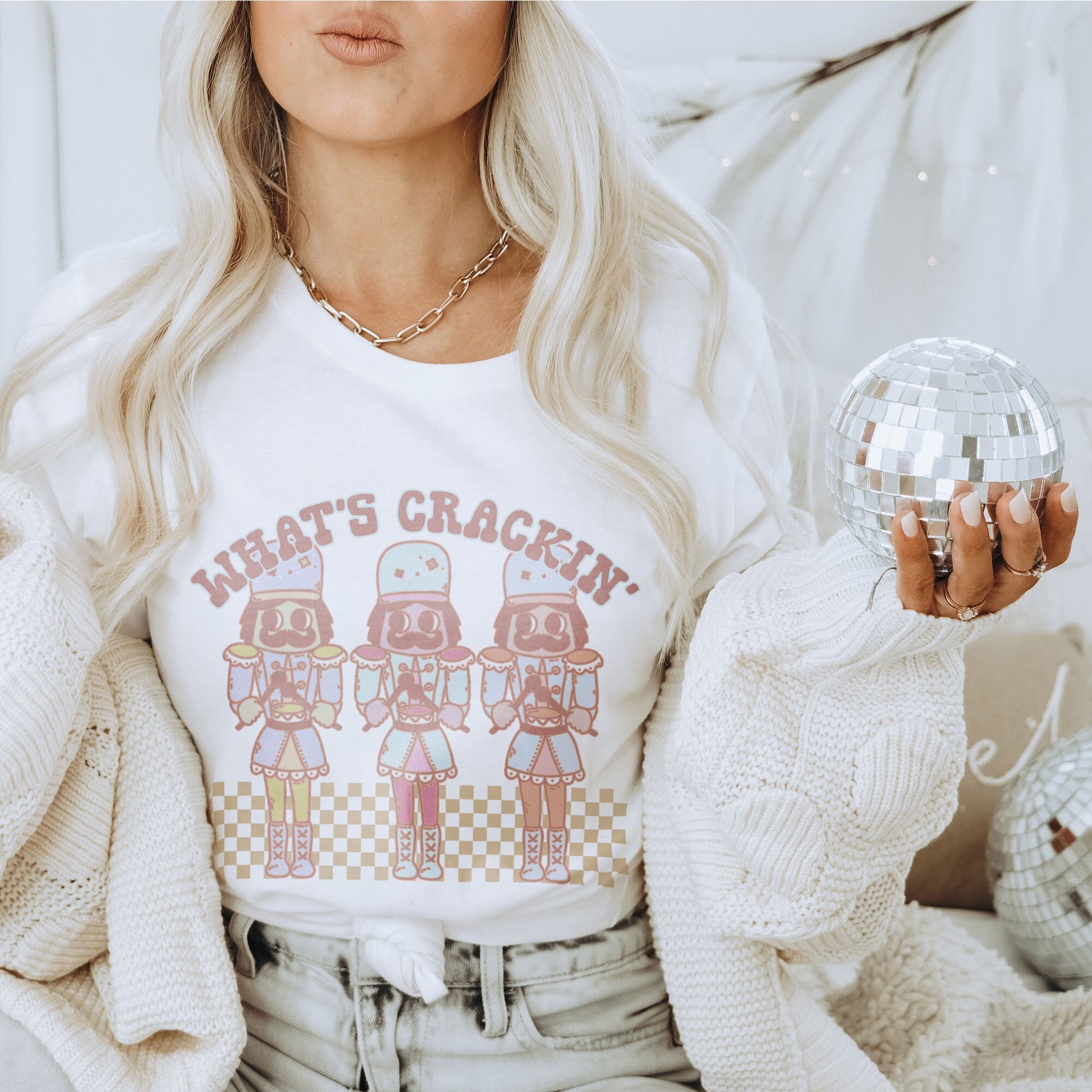 What's Cracking Nutcrackers Sublimation Design PNG Digital Download Printable Checker 90s Retro Groovy Christmas Pastel Pink Winter Xmas