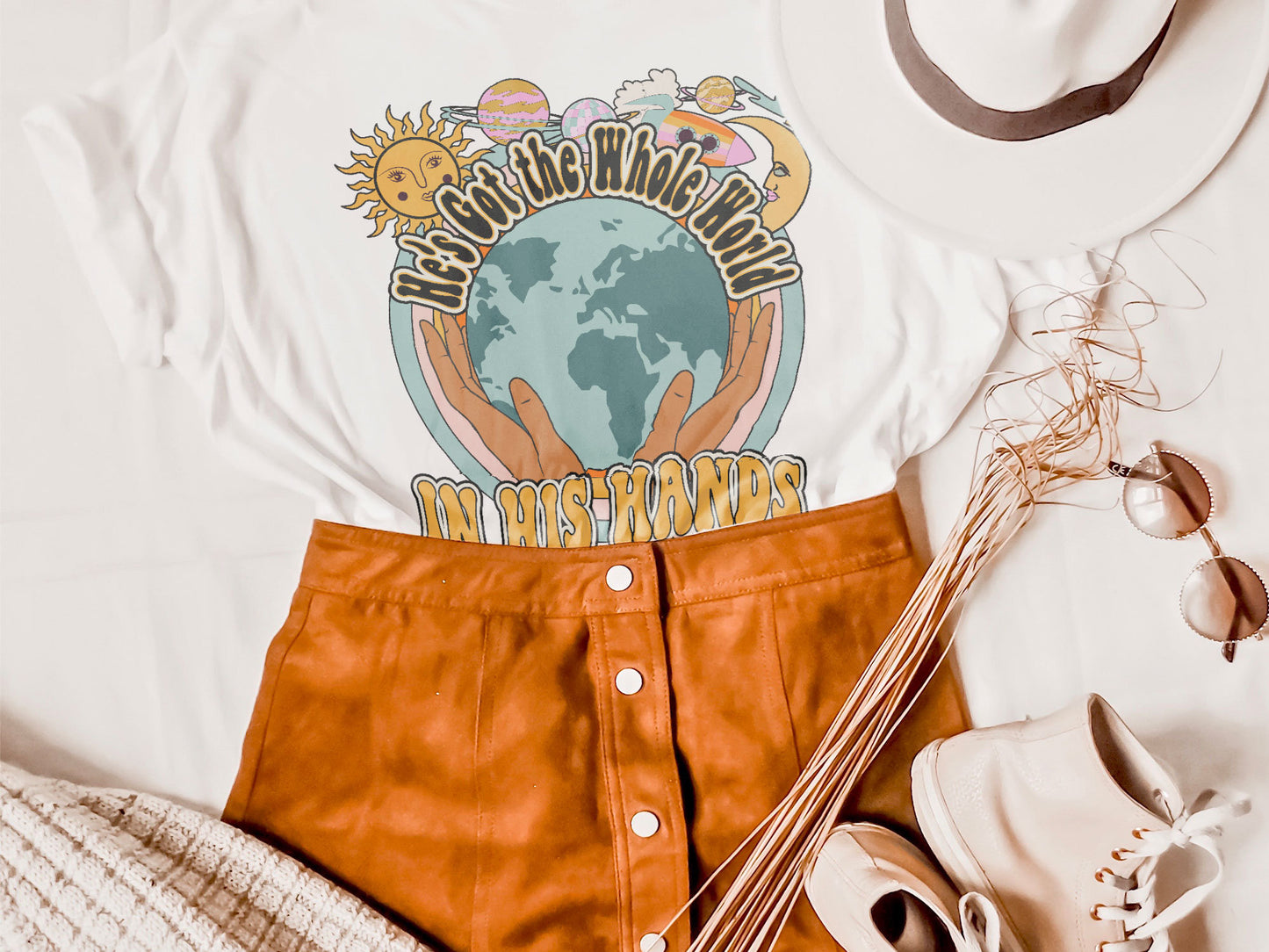 He's Got The Whole World In His Hands Sublimation Design PNG Digital Download Printable Jesus Christian Faith Kids Retro Groovy Rainbow Girl