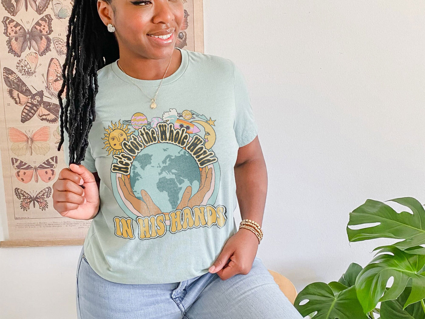 He's Got The Whole World In His Hands Sublimation Design PNG Digital Download Printable Jesus Christian Faith Kids Retro Groovy Rainbow Girl