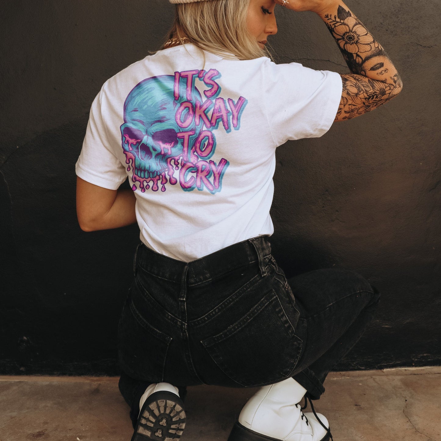 It's Okay to Cry Skellie Sublimation Design PNG Digital Download Printable Skeleton Skull Neon Grunge 90s Affirmation Good Vibes Rock Drip