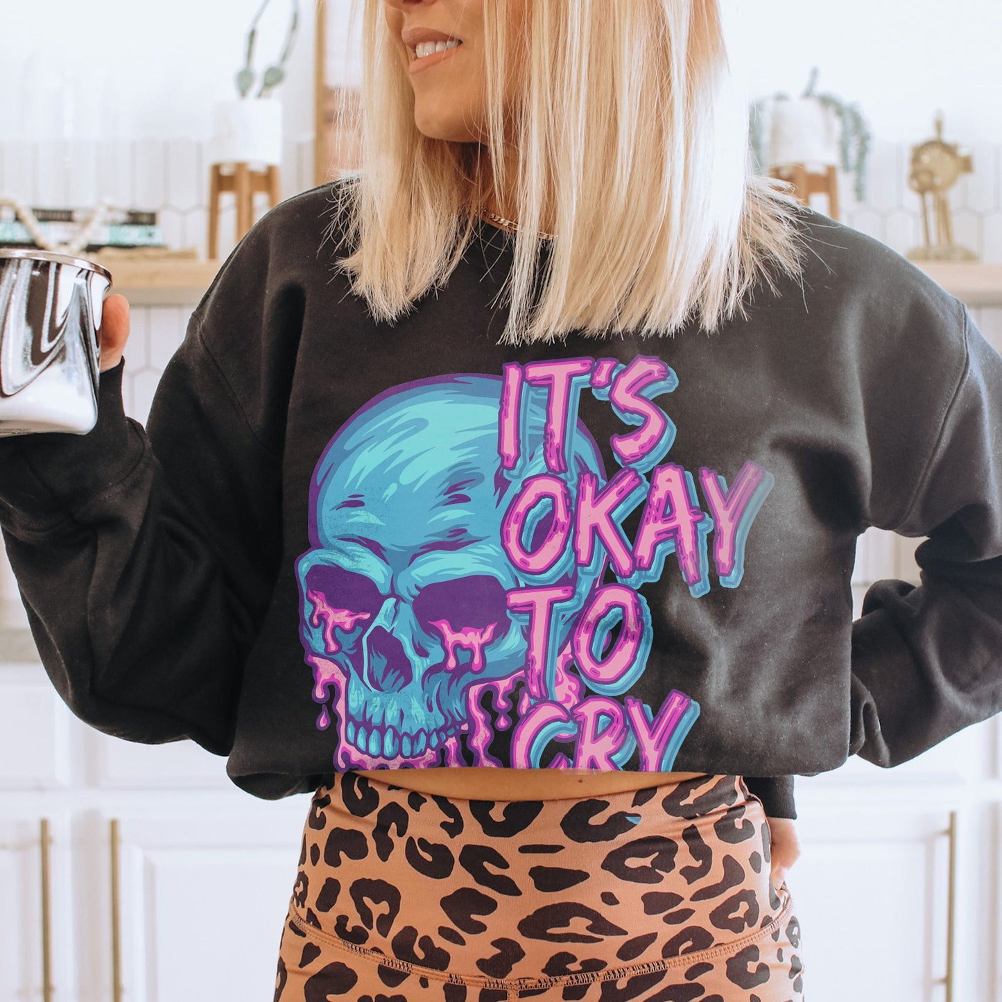 It's Okay to Cry Skellie Sublimation Design PNG Digital Download Printable Skeleton Skull Neon Grunge 90s Affirmation Good Vibes Rock Drip