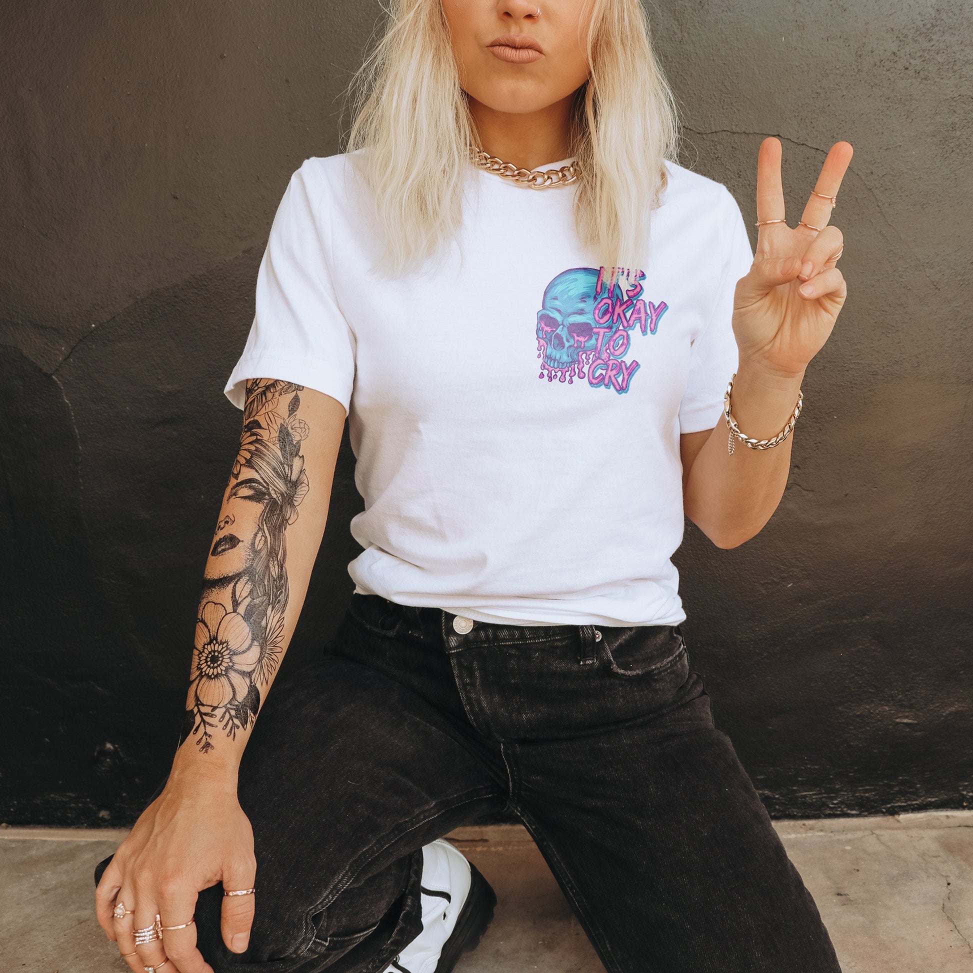 It's Okay to Cry Skellie Sublimation Design PNG Digital Download Printable Skeleton Skull Neon Grunge 90s Affirmation Good Vibes Rock Drip