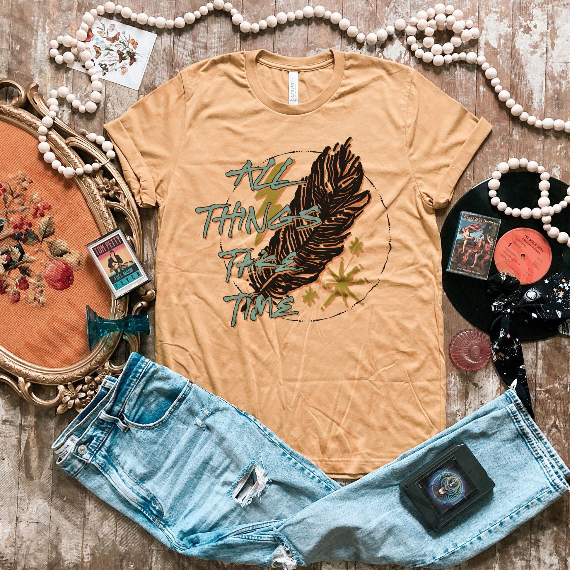 All Things Take Time Sublimation Design PNG Digital Download Printable Retro Boho Hippie Feather Inspo Inspirational Quote Western