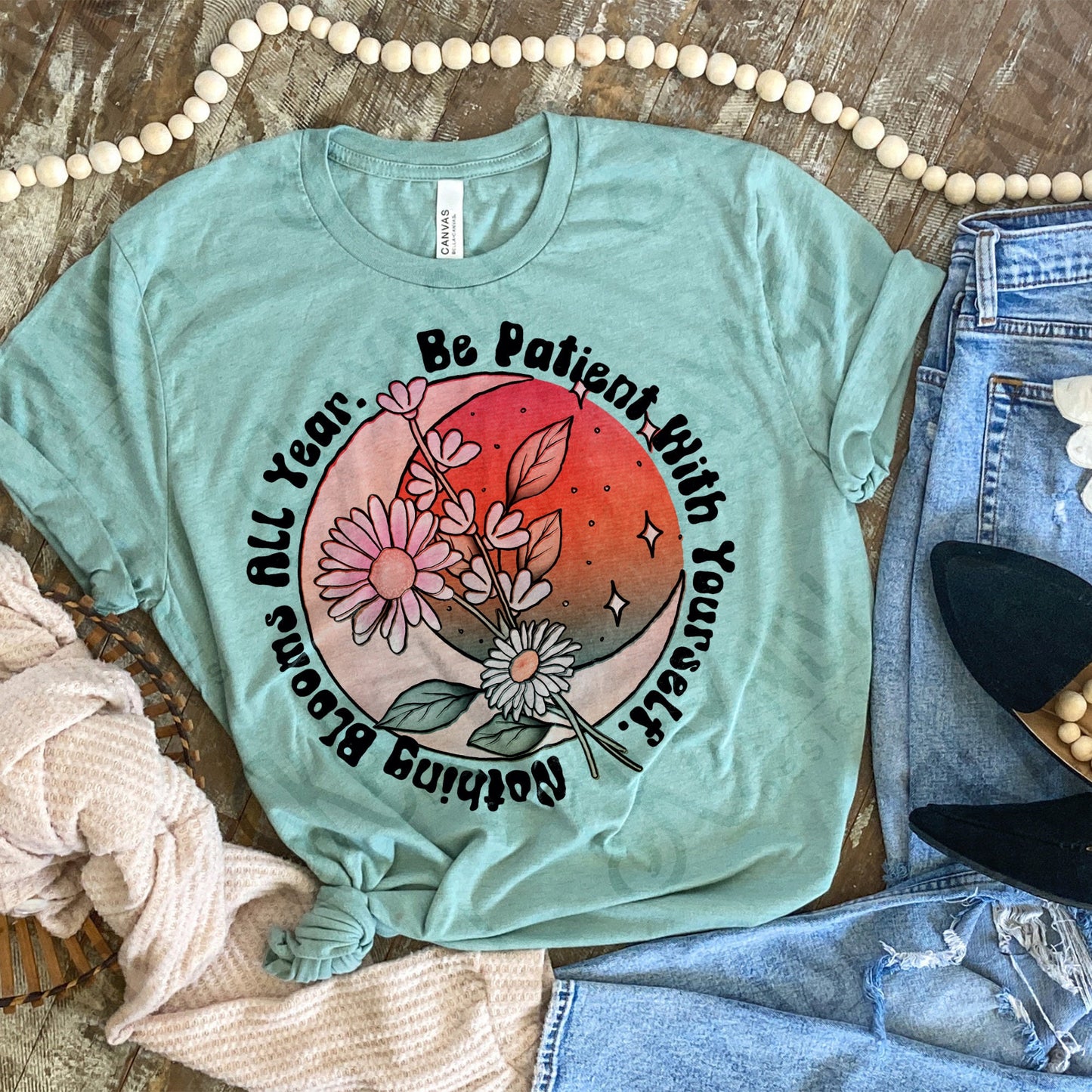 Be Patient With Yourself Nothing Blooms All Year Sublimation Design PNG Digital Download Printable Inspo Retro Boho Moon Floral Groovy