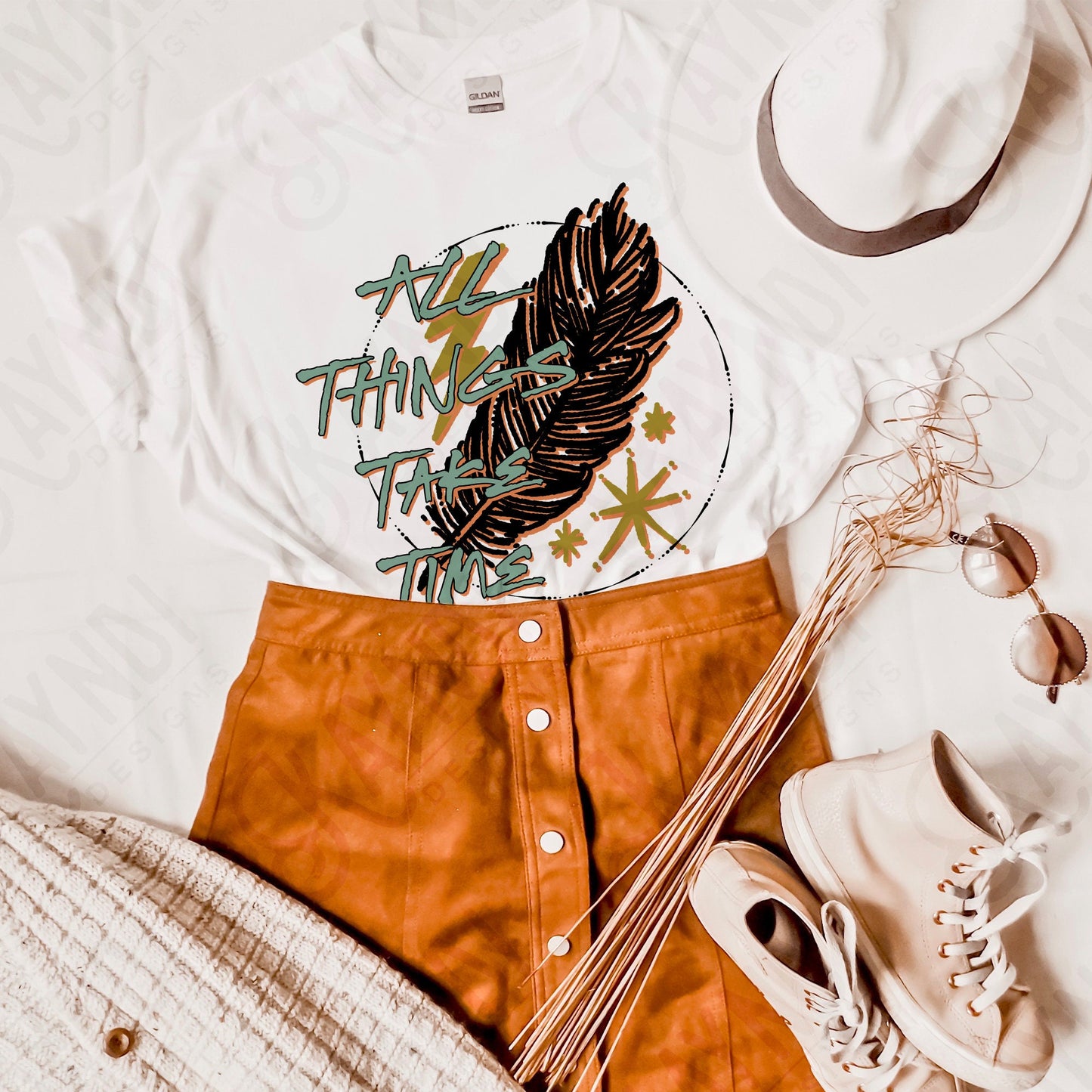 All Things Take Time Sublimation Design PNG Digital Download Printable Retro Boho Hippie Feather Inspo Inspirational Quote Western