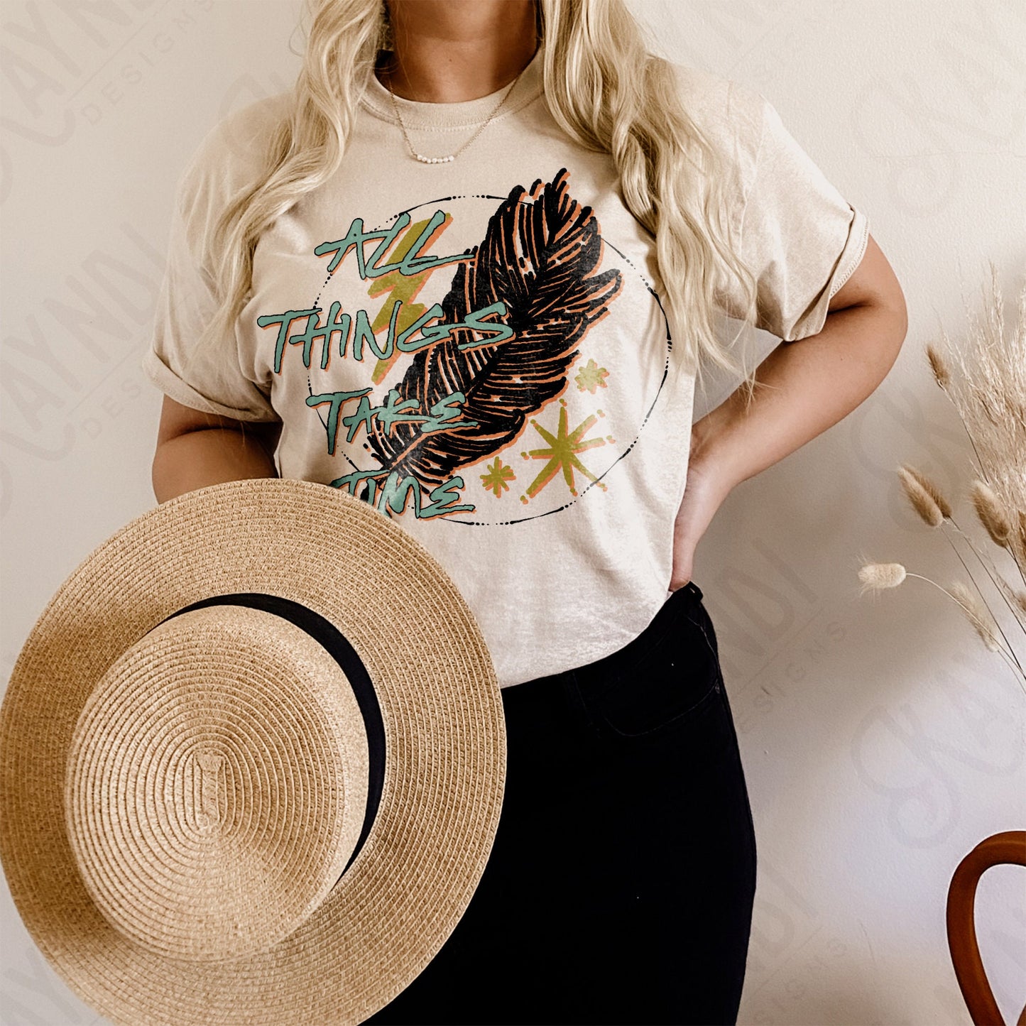 All Things Take Time Sublimation Design PNG Digital Download Printable Retro Boho Hippie Feather Inspo Inspirational Quote Western