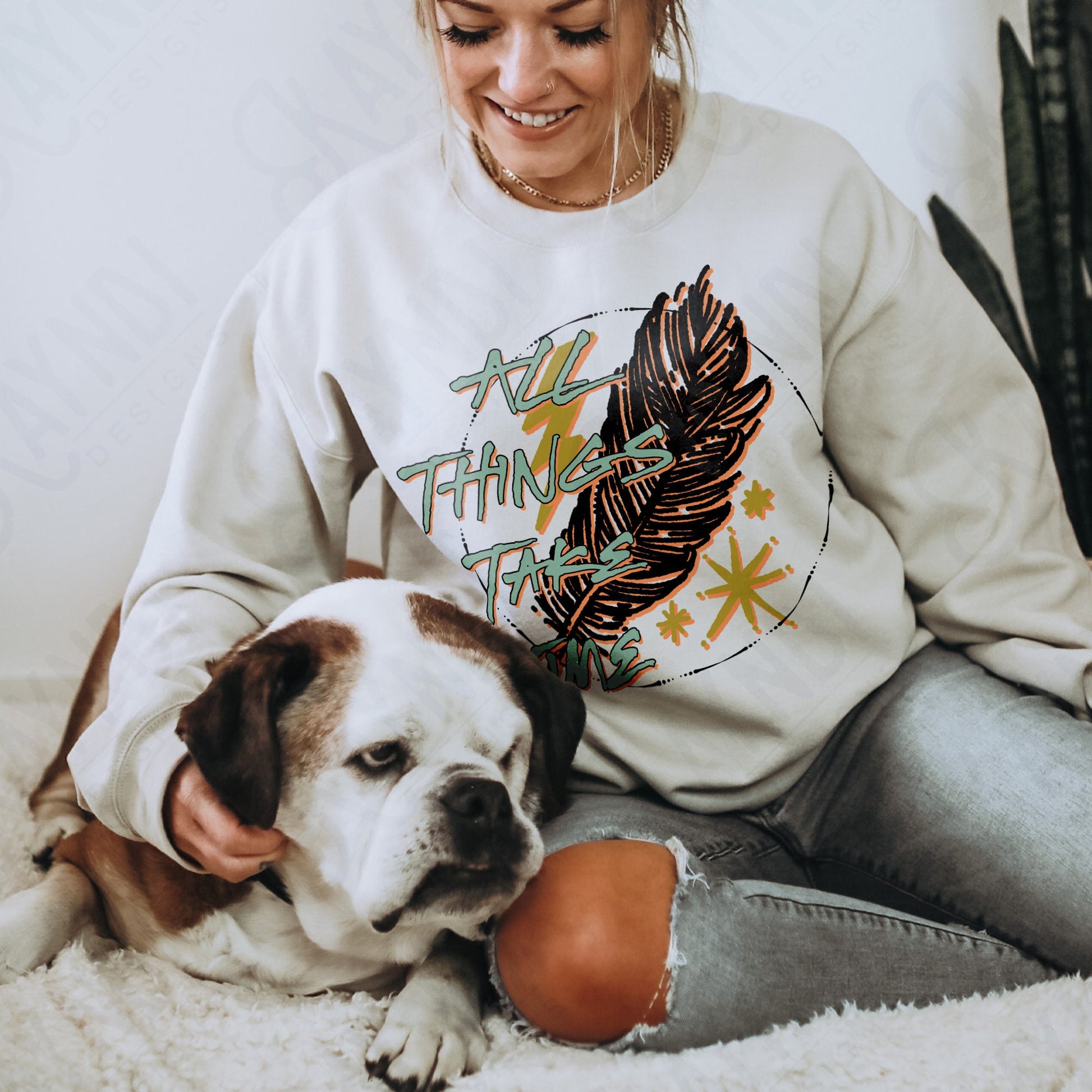 All Things Take Time Sublimation Design PNG Digital Download Printable Retro Boho Hippie Feather Inspo Inspirational Quote Western
