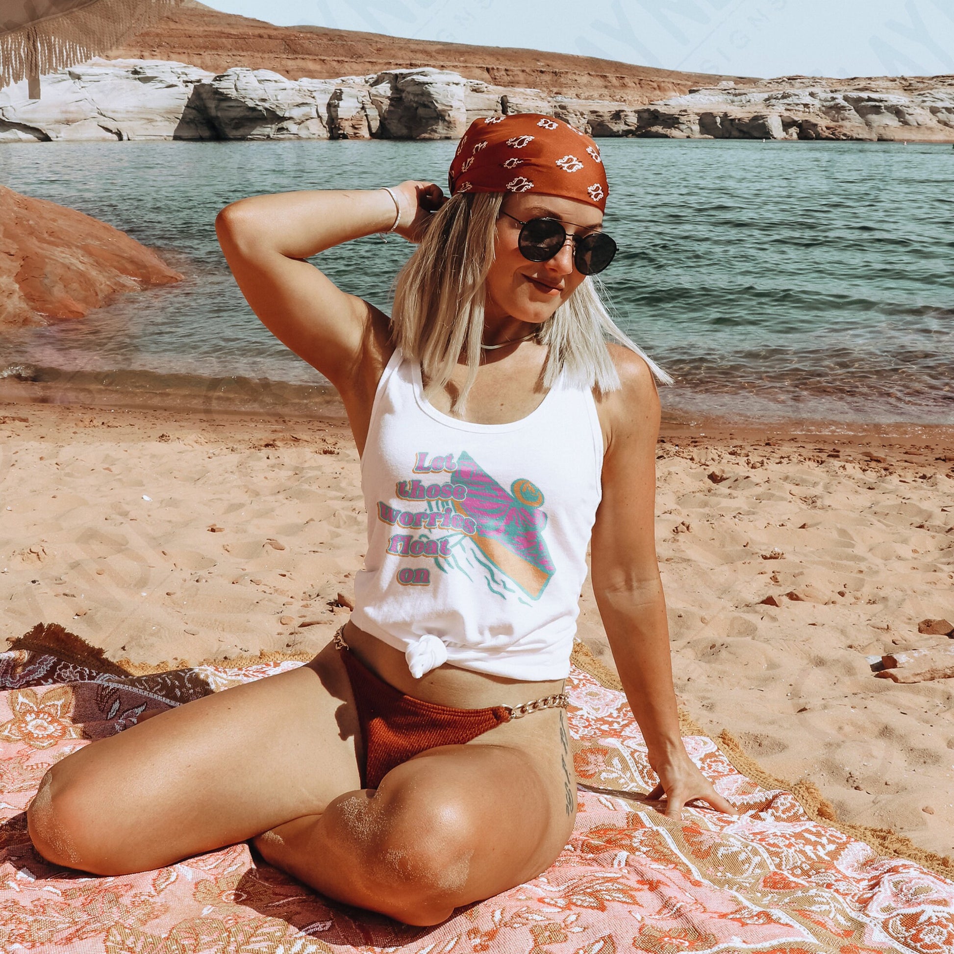 Let Those Worries Float On Sublimation Design PNG Digital Download Printable Canoe Wanderlust Adventure Inspo Outdoors Nature Retro Groovy