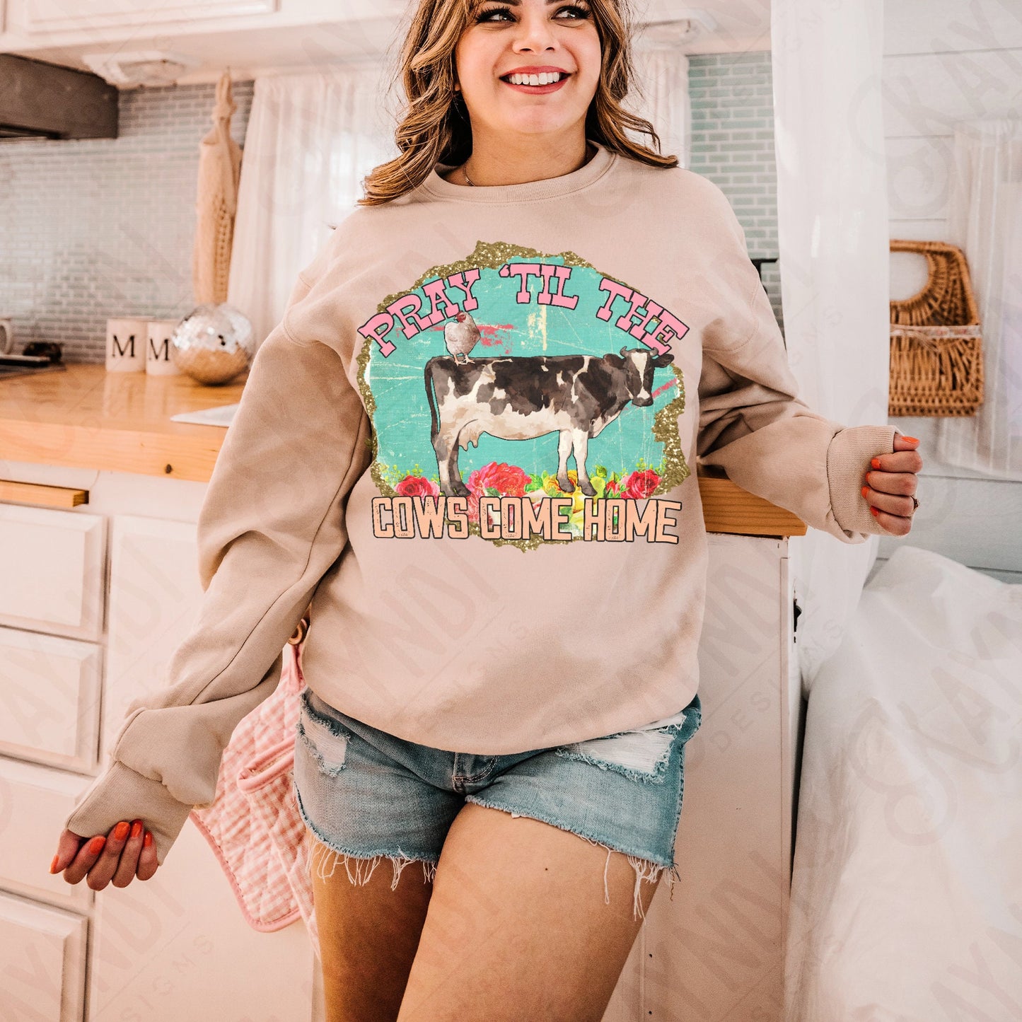 Pray Til The Cows Come Home Sublimation Design PNG Digital Download Printable Cow Chicken Small Town Farm Country Southern Mama Retro