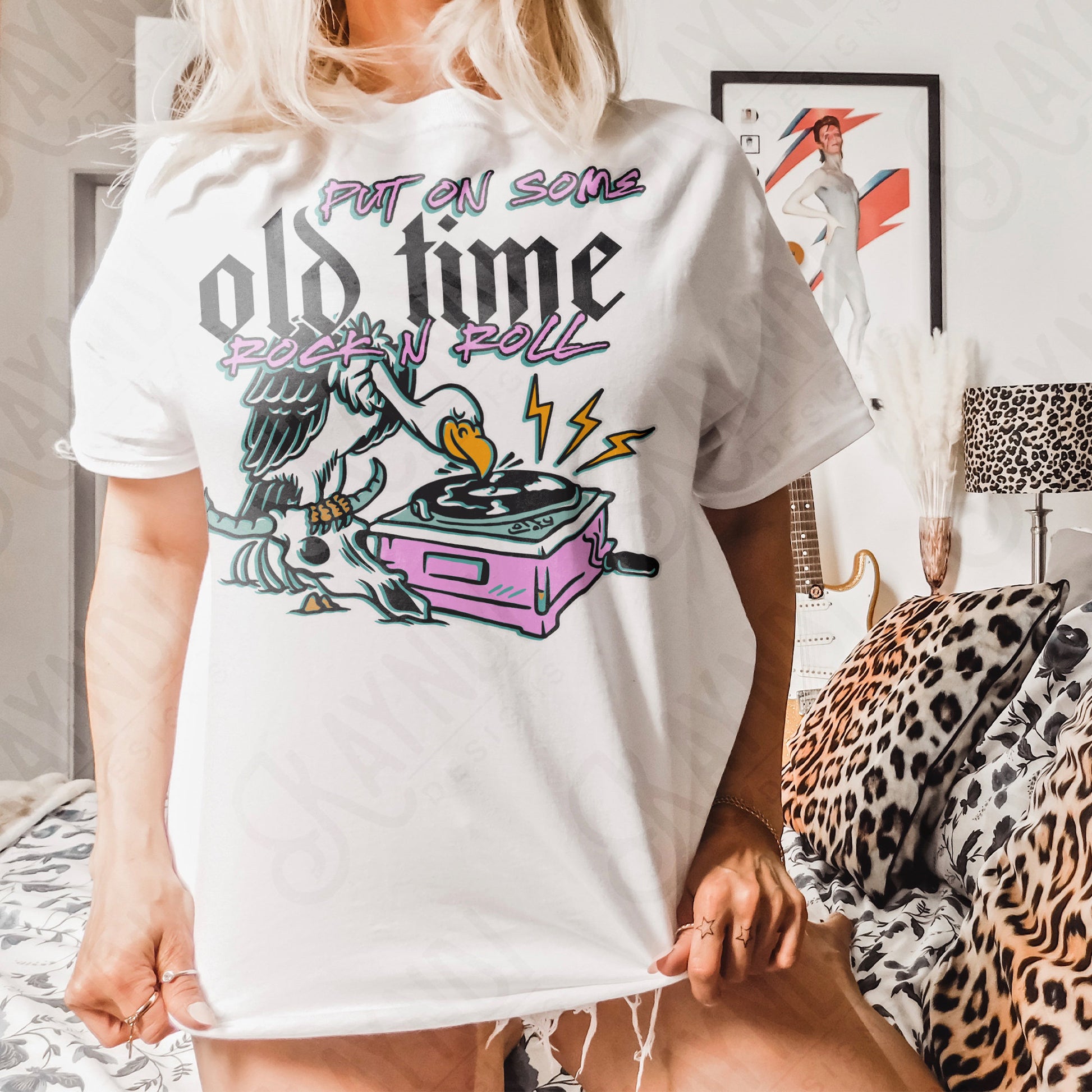 Put ON Some Old Time Rock N Roll Sublimation Design PNG Digital Download Printable Steer Skull Record 80s 70s Skull Grunge Rock Band