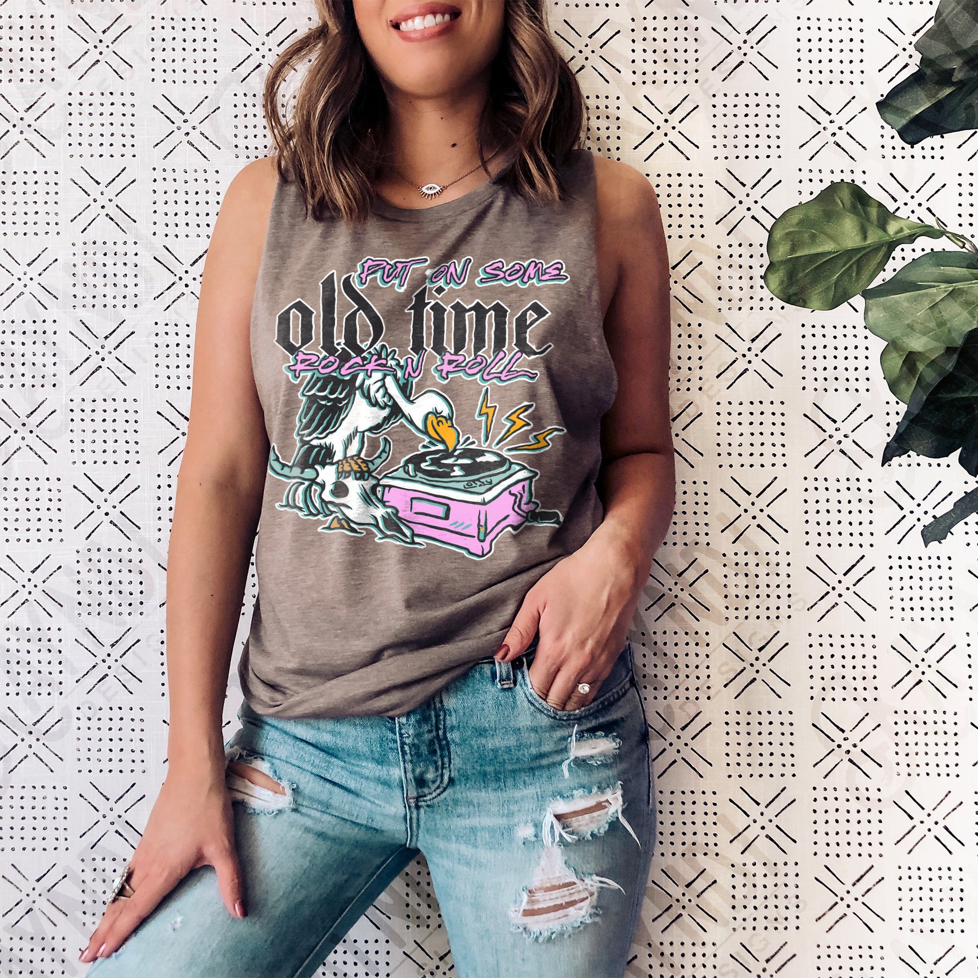 Put ON Some Old Time Rock N Roll Sublimation Design PNG Digital Download Printable Steer Skull Record 80s 70s Skull Grunge Rock Band