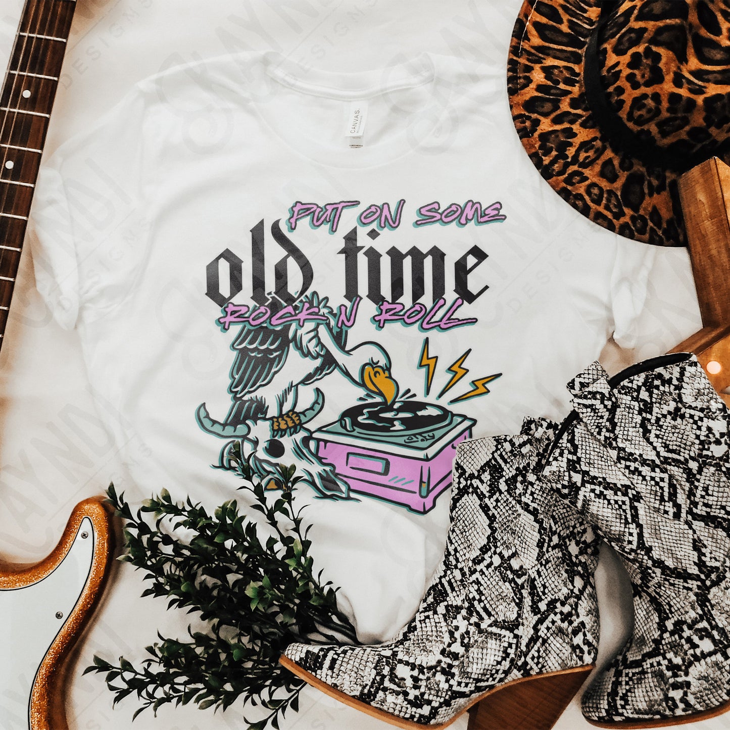 Put ON Some Old Time Rock N Roll Sublimation Design PNG Digital Download Printable Steer Skull Record 80s 70s Skull Grunge Rock Band