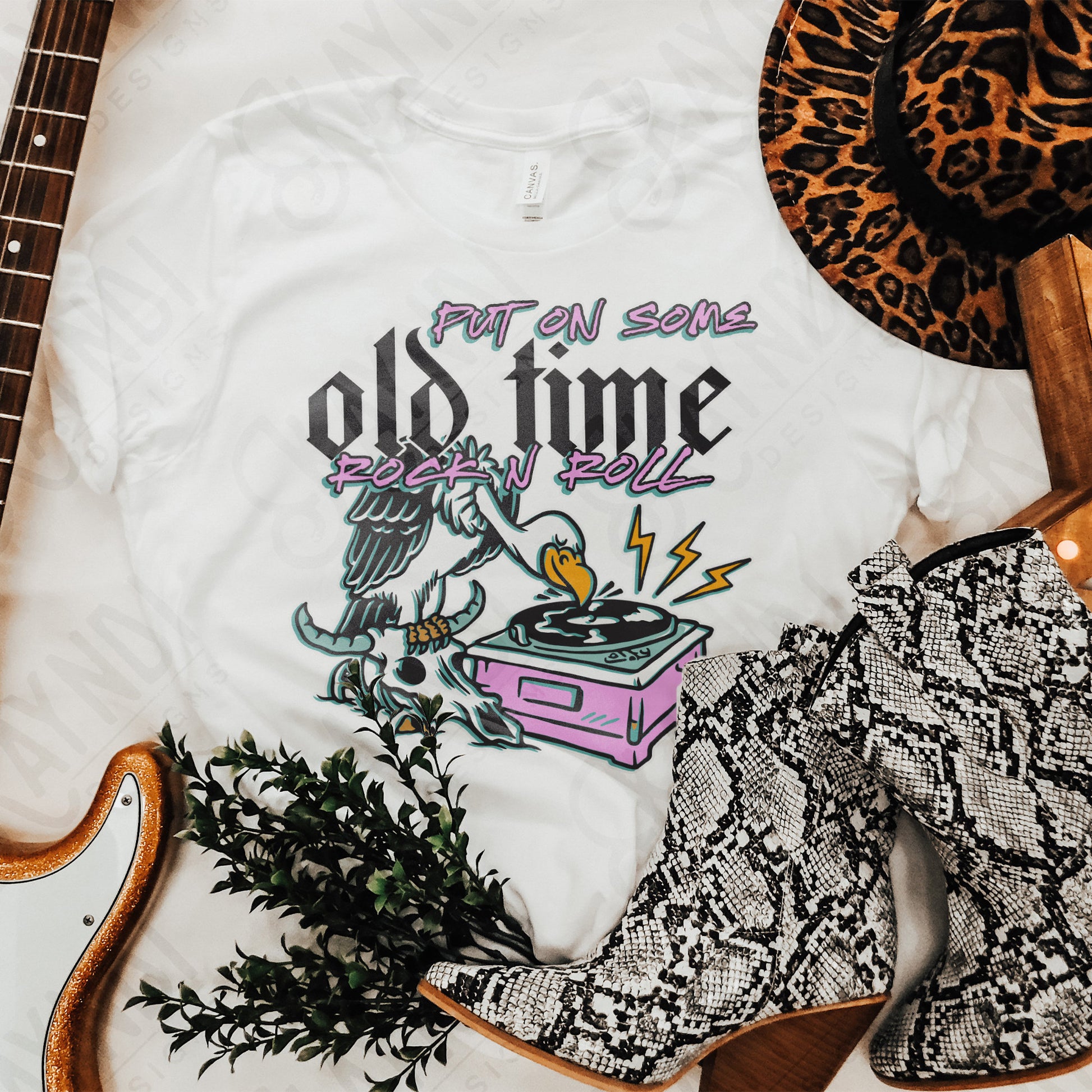 Put ON Some Old Time Rock N Roll Sublimation Design PNG Digital Download Printable Steer Skull Record 80s 70s Skull Grunge Rock Band