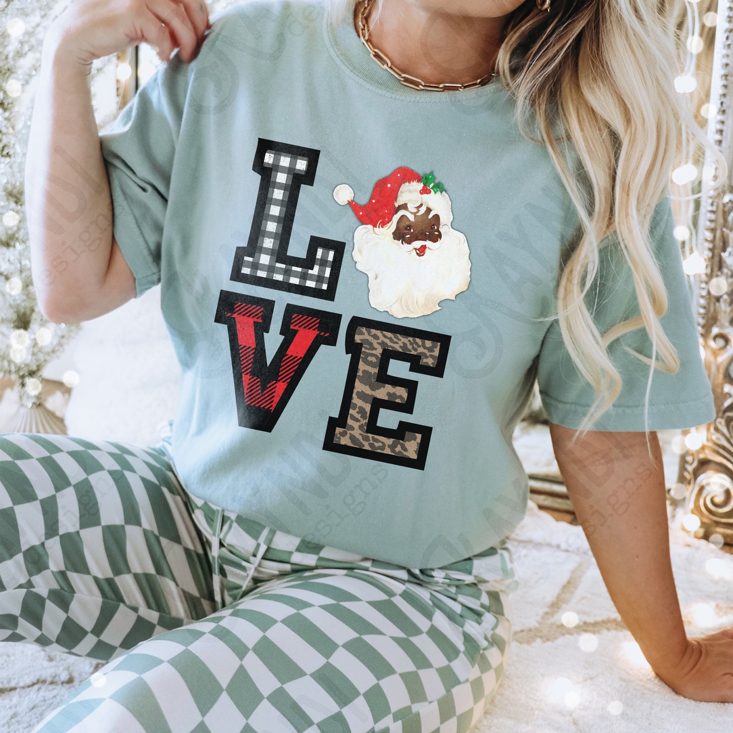 Love Santa African Black Leopard Gingham Buffalo Check Christmas Sublimation Design Craft PNG Digital Download Printable DTG