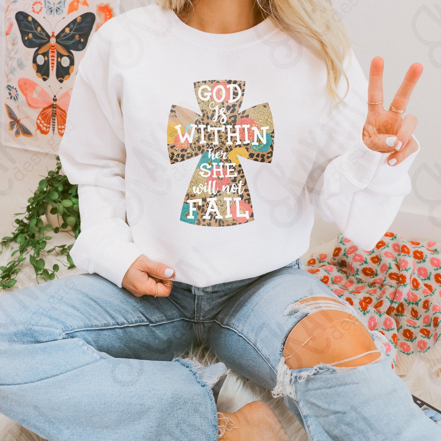 God is Within Her She Will Not Fall Leopard Floral Cross Sublimation Design PNG Digital Download Printable