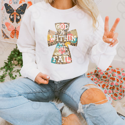 God is Within Her She Will Not Fall Leopard Floral Cross Sublimation Design PNG Digital Download Printable