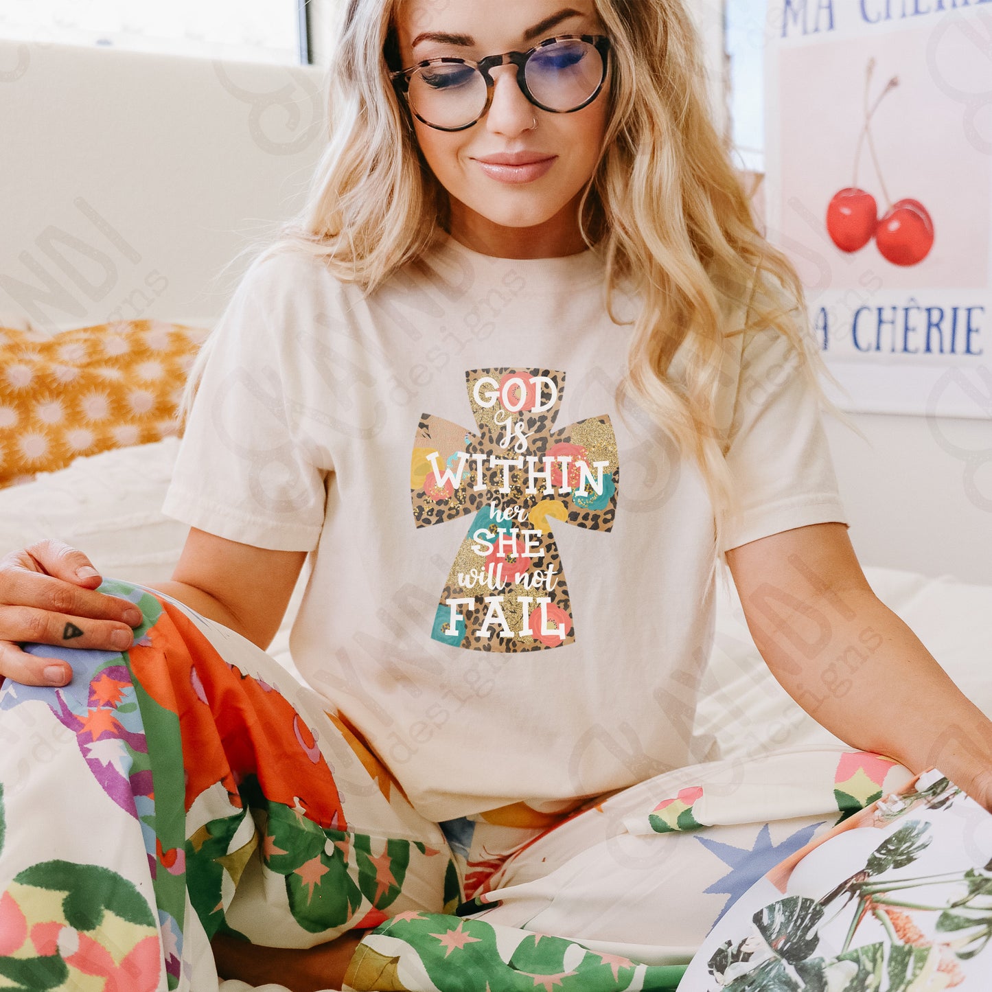 God is Within Her She Will Not Fall Leopard Floral Cross Sublimation Design PNG Digital Download Printable