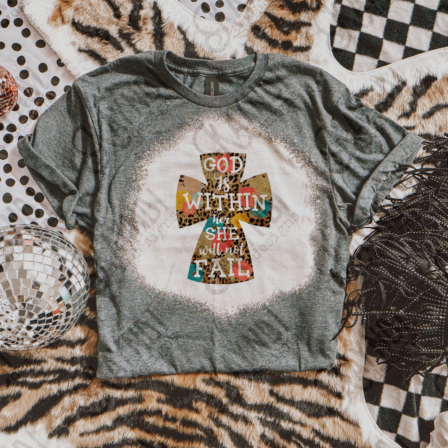 God is Within Her She Will Not Fall Leopard Floral Cross Sublimation Design PNG Digital Download Printable