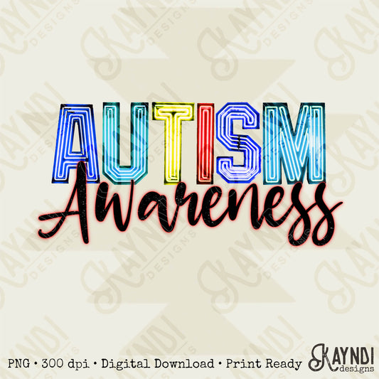 Autism Awareness Sublimation Design PNG Digital Download Printable DTF Print Neon Lights