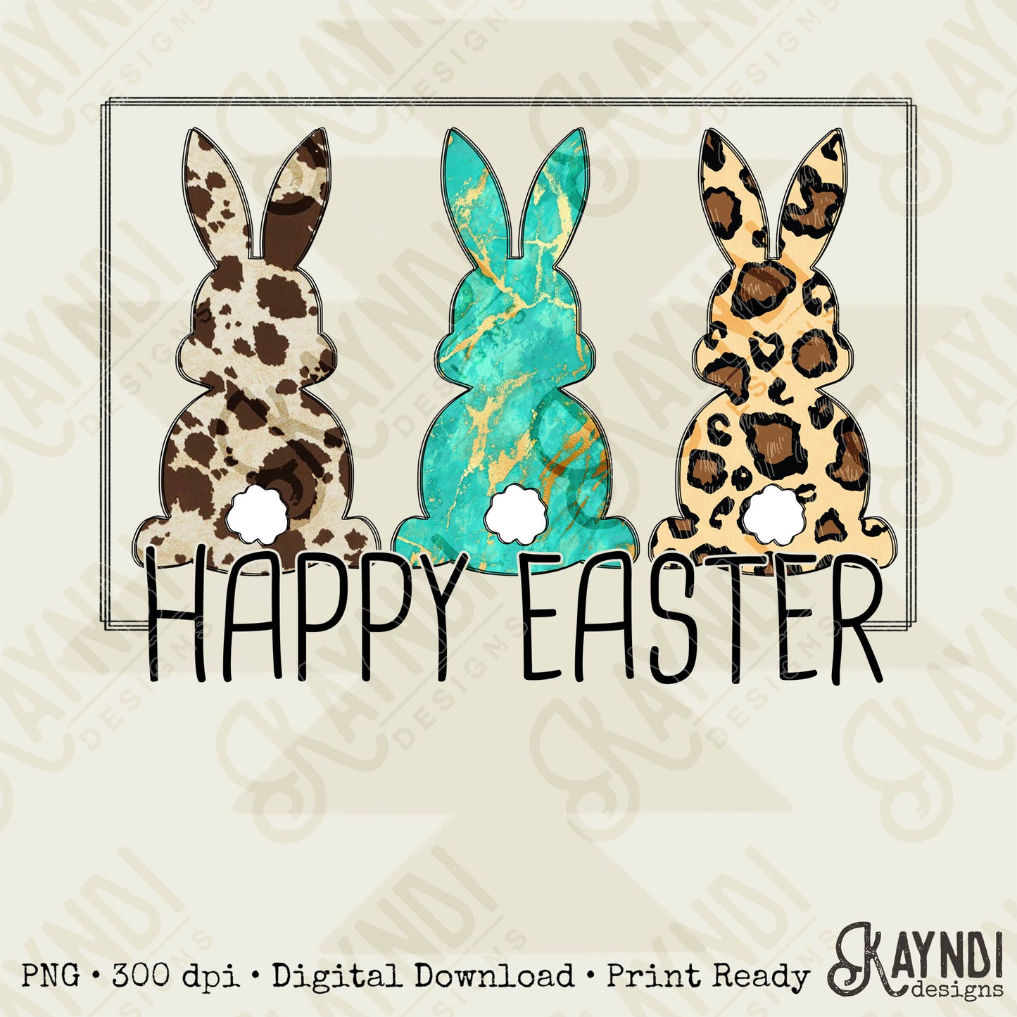 Happy Easter 3 Bunnies Sublimation Design PNG Digital Download Printable Cow Print Turquoise Leopard Bunny